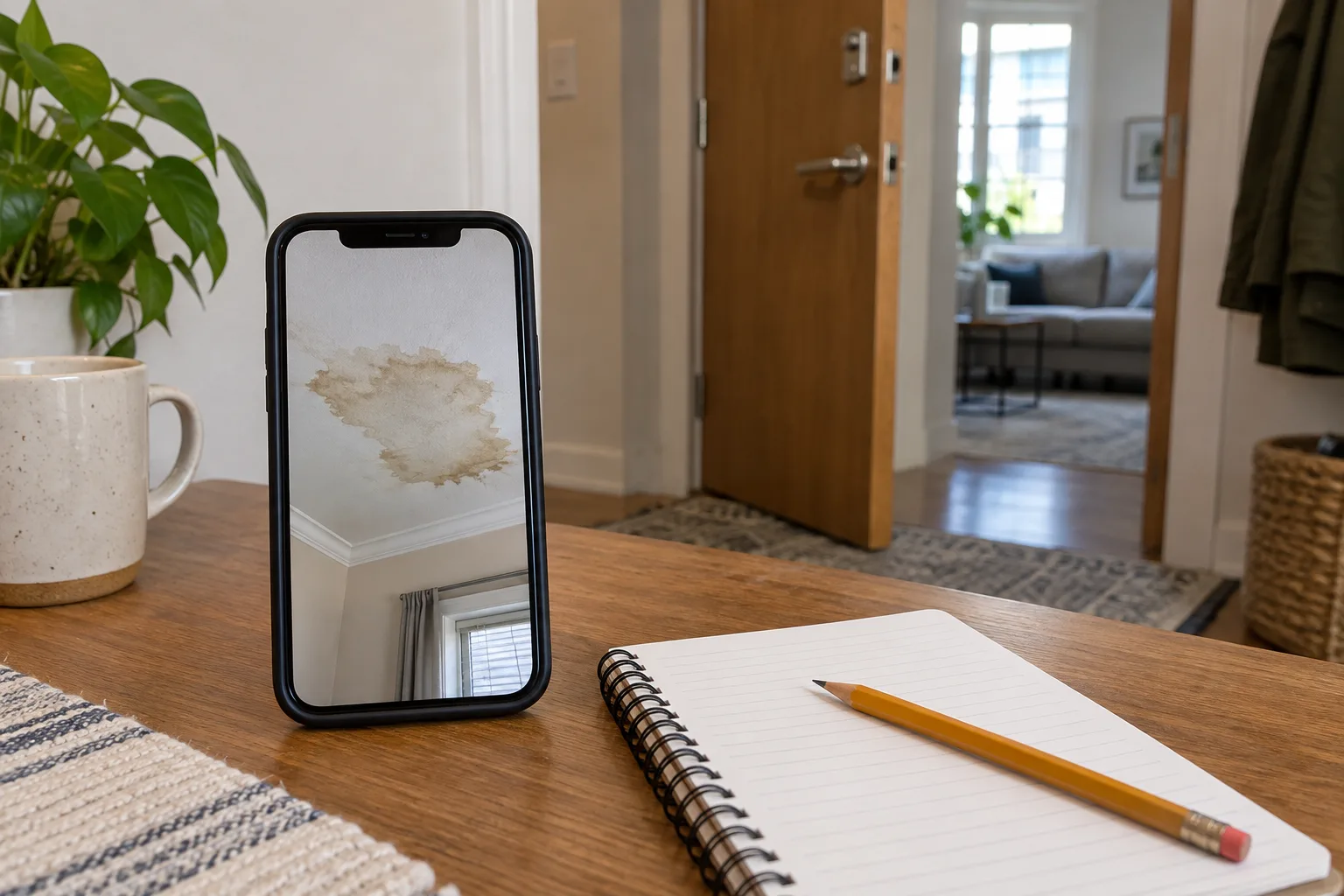 Tavandaki su lekesinin telefonla fotoğraflanması ve gözlem kaydı hazırlığı