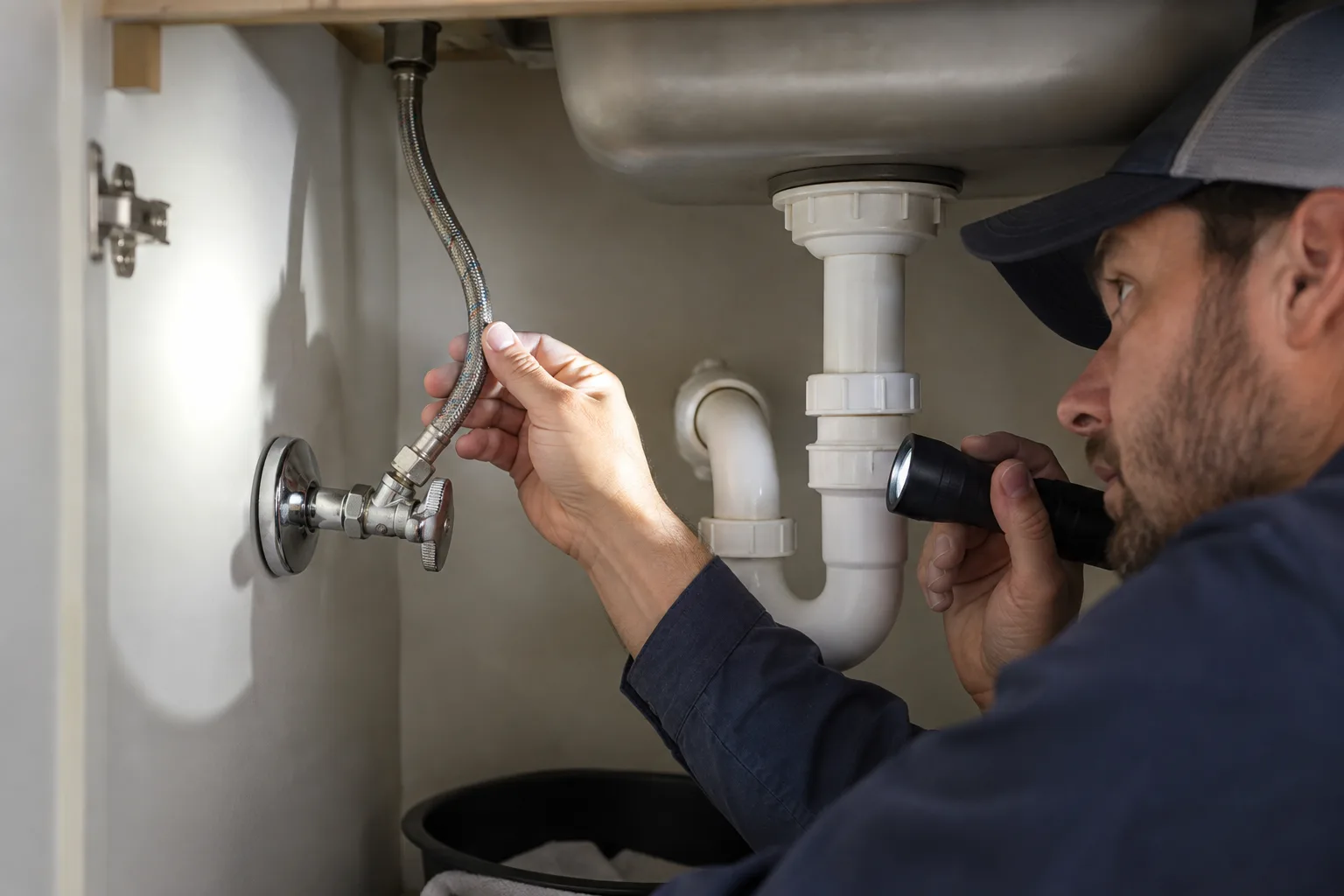 Lavabo besleme hortumu ve ara musluğu ışıkla inceleyen uzman