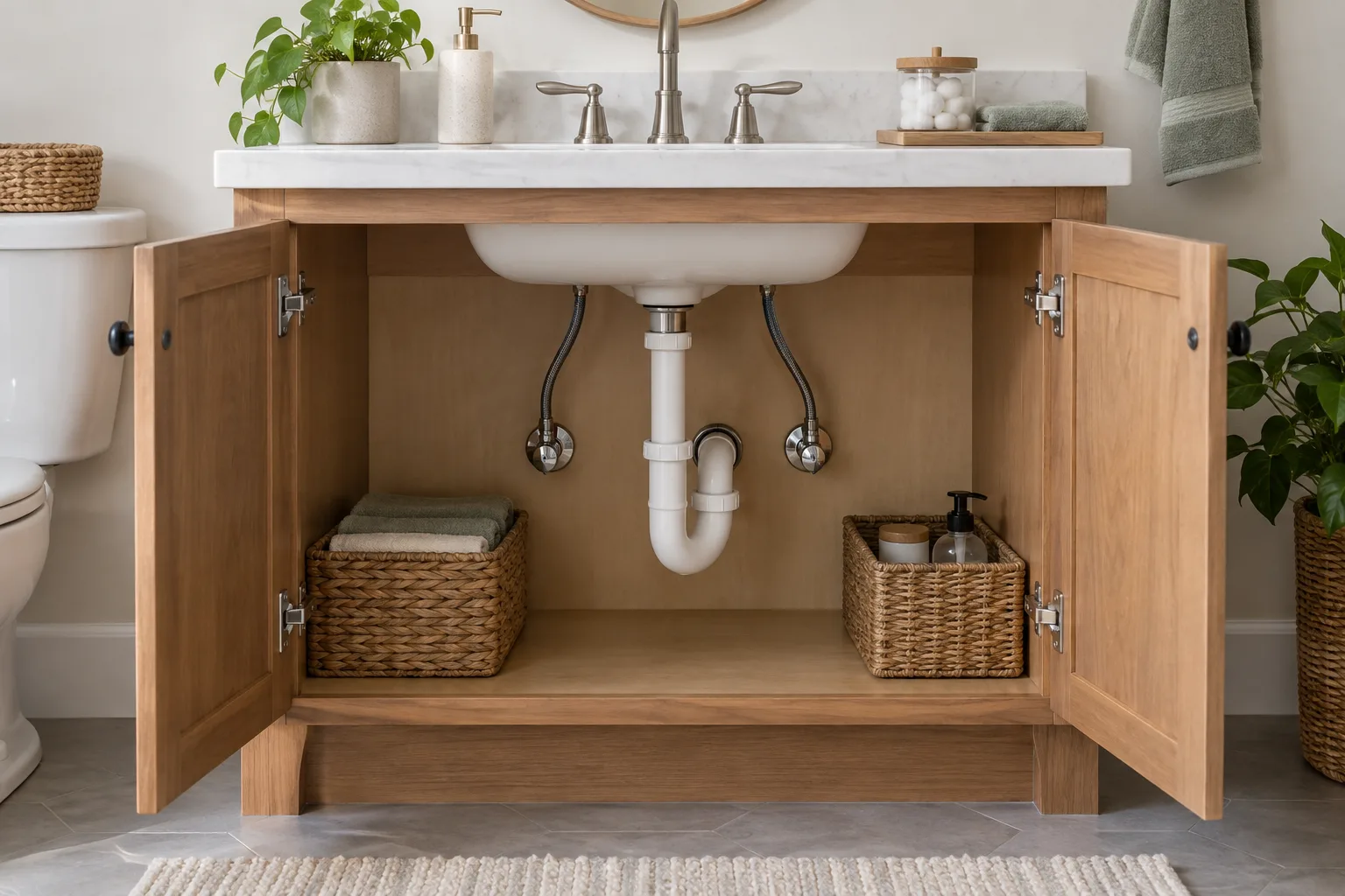 Banyo lavabo dolabındaki kuru hortum ve sifon bağlantılarının görünümü
