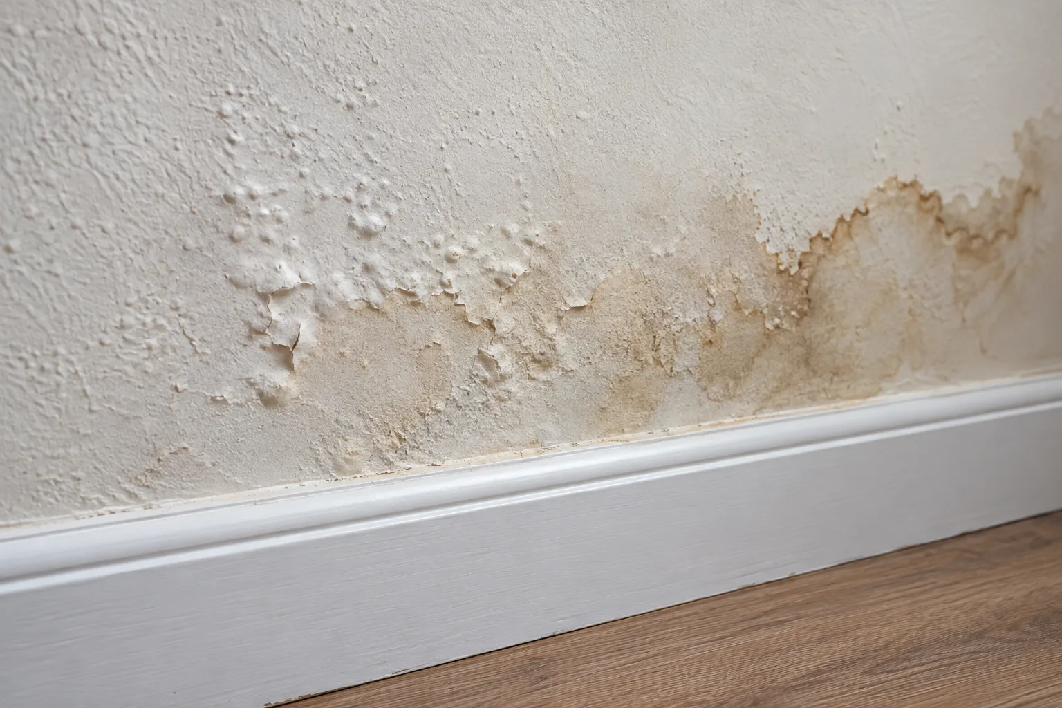 Duvarın süpürgelik yakınında nem lekesi ve kabarmış boya tabakası