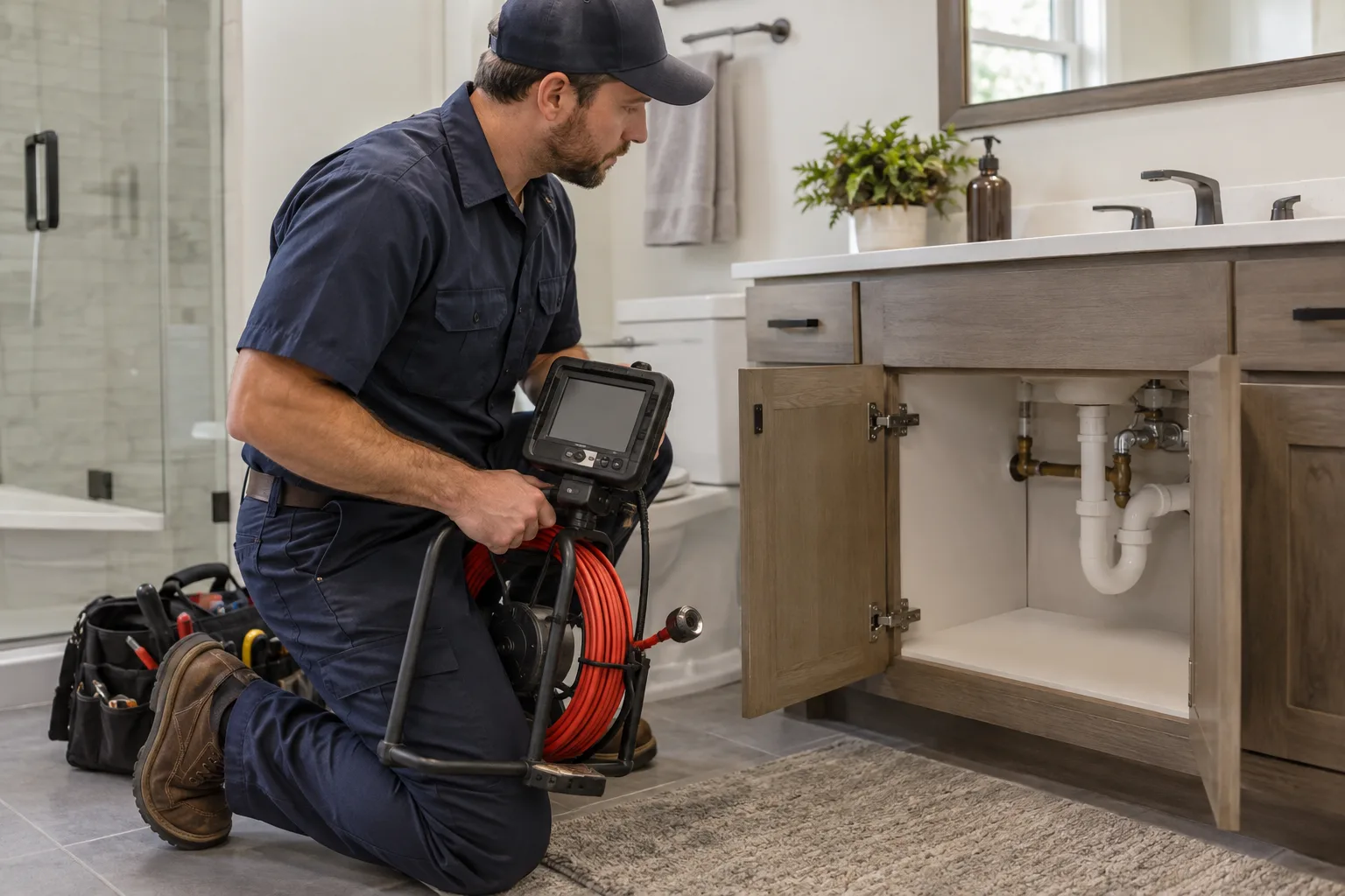 Lavabo incelemesi için ekipman hazırlayan tesisat uzmanı