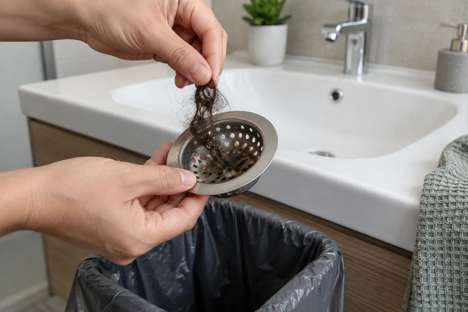 Lavabo süzgecinden görünen saç kalıntılarının alınması