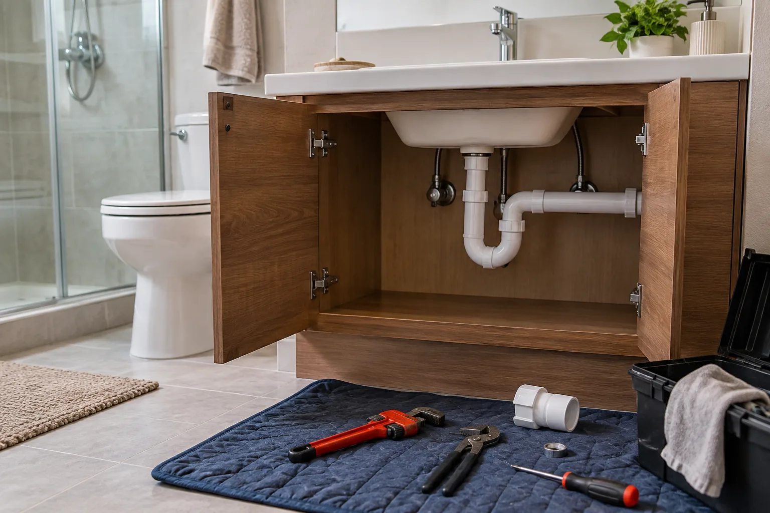Açık lavabo dolabında erişilebilir sifon ve koruyucu örtü üzerindeki araçlar