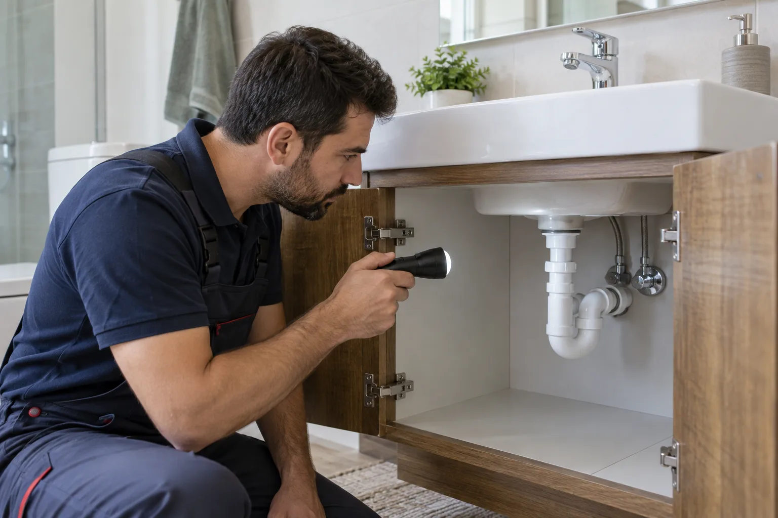 Lavabo dolabındaki sifon bağlantısını ışıkla inceleyen uzman