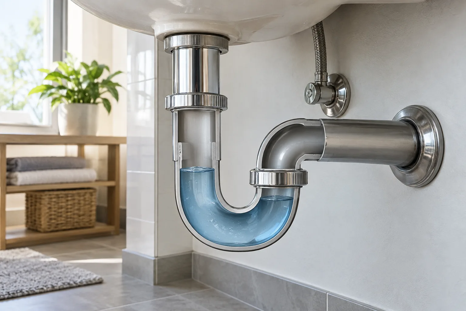 Lavabo altındaki sifonda su kapanını gösteren temsili kesit