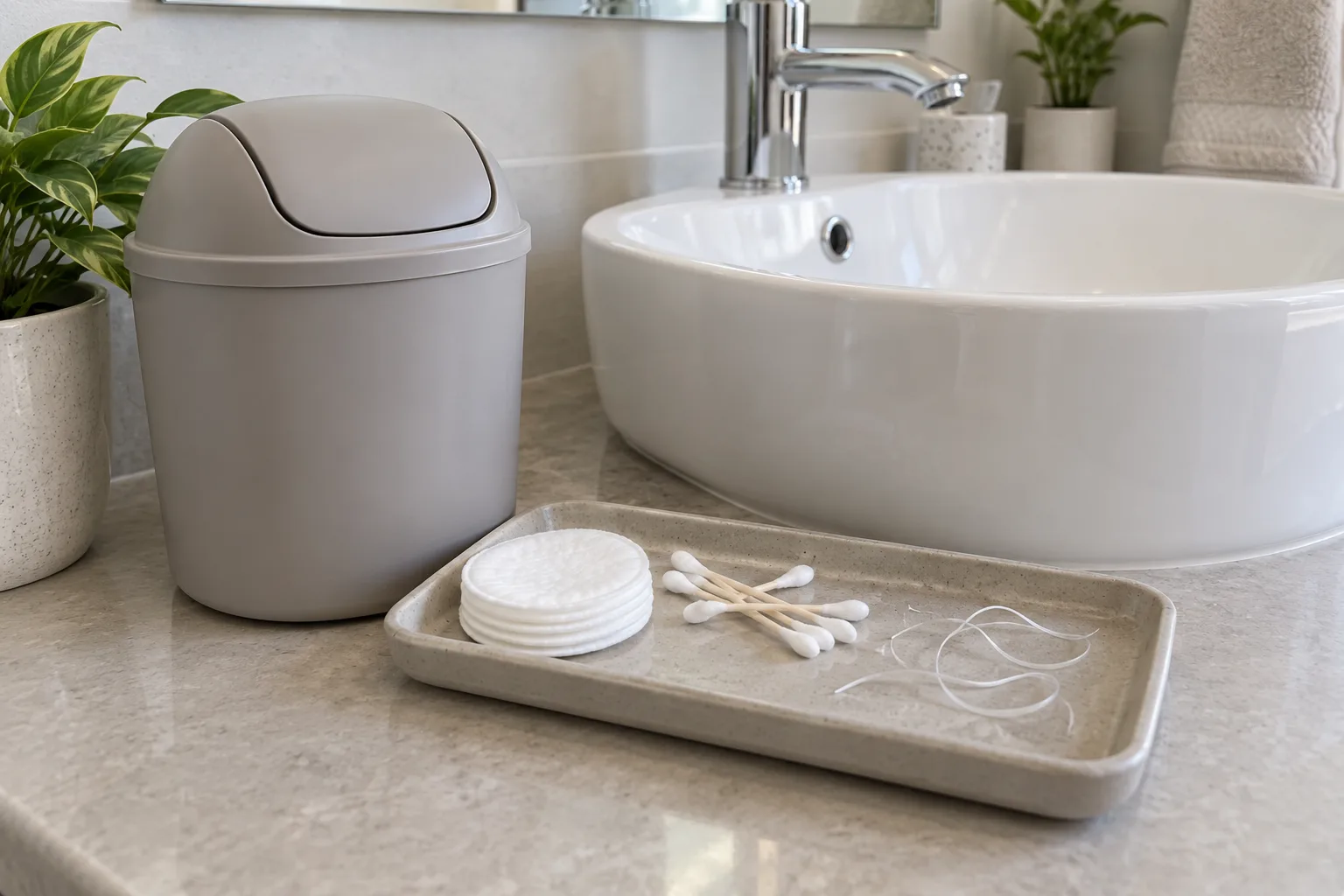 Lavaboya atılmaması gereken pamuk ve diş ipinin yanındaki banyo atık kutusu