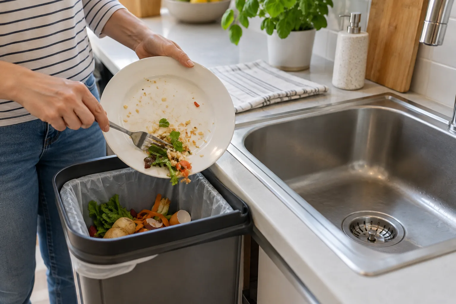 Tabaktaki yemek artıklarının lavabo yerine atık kutusuna alınması