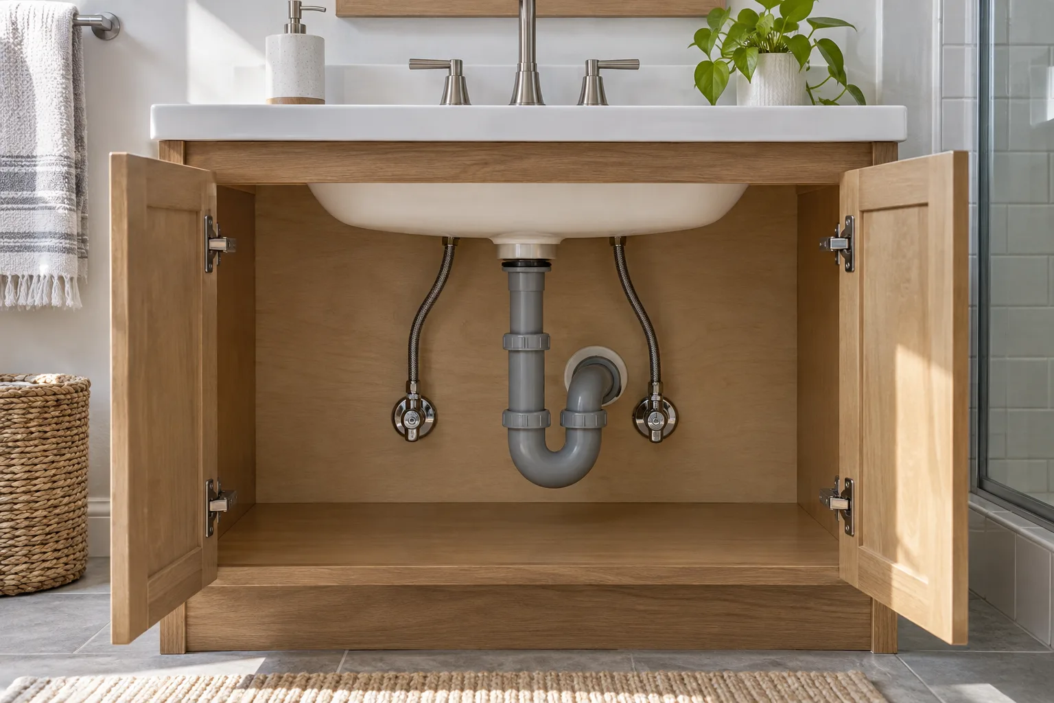 Lavabo dolabındaki gider sifonu ve su bağlantıları