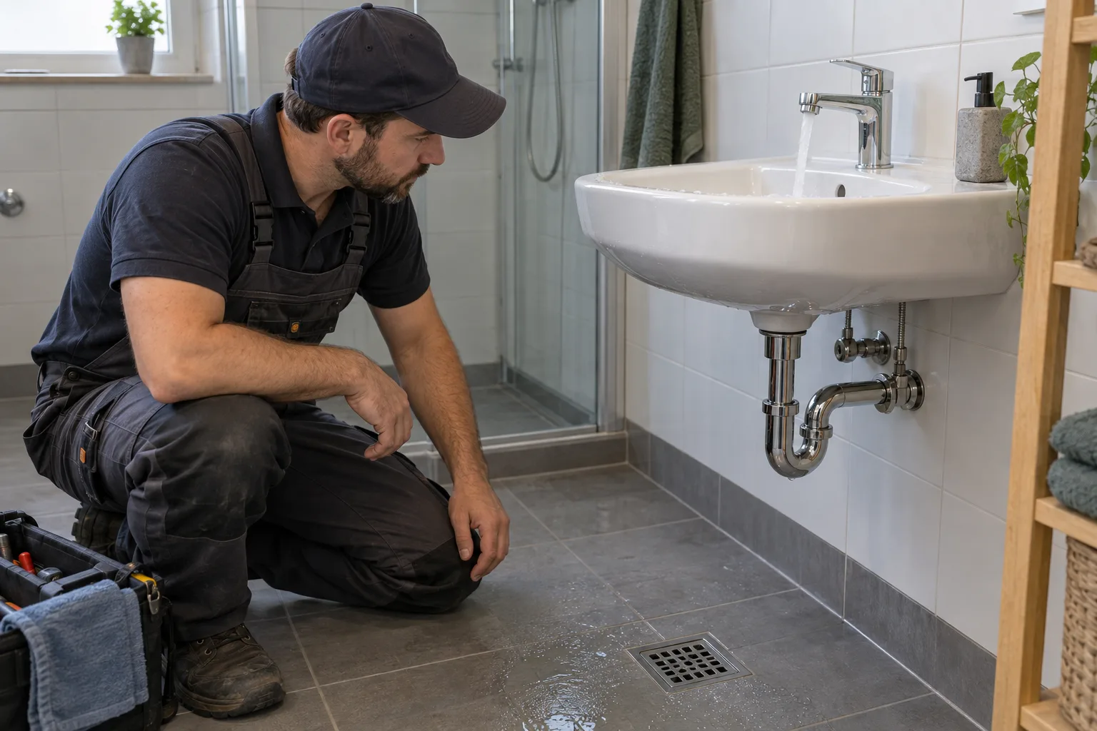Banyo lavabosu ve yer giderinde kontrollü akış incelemesi yapan uzman