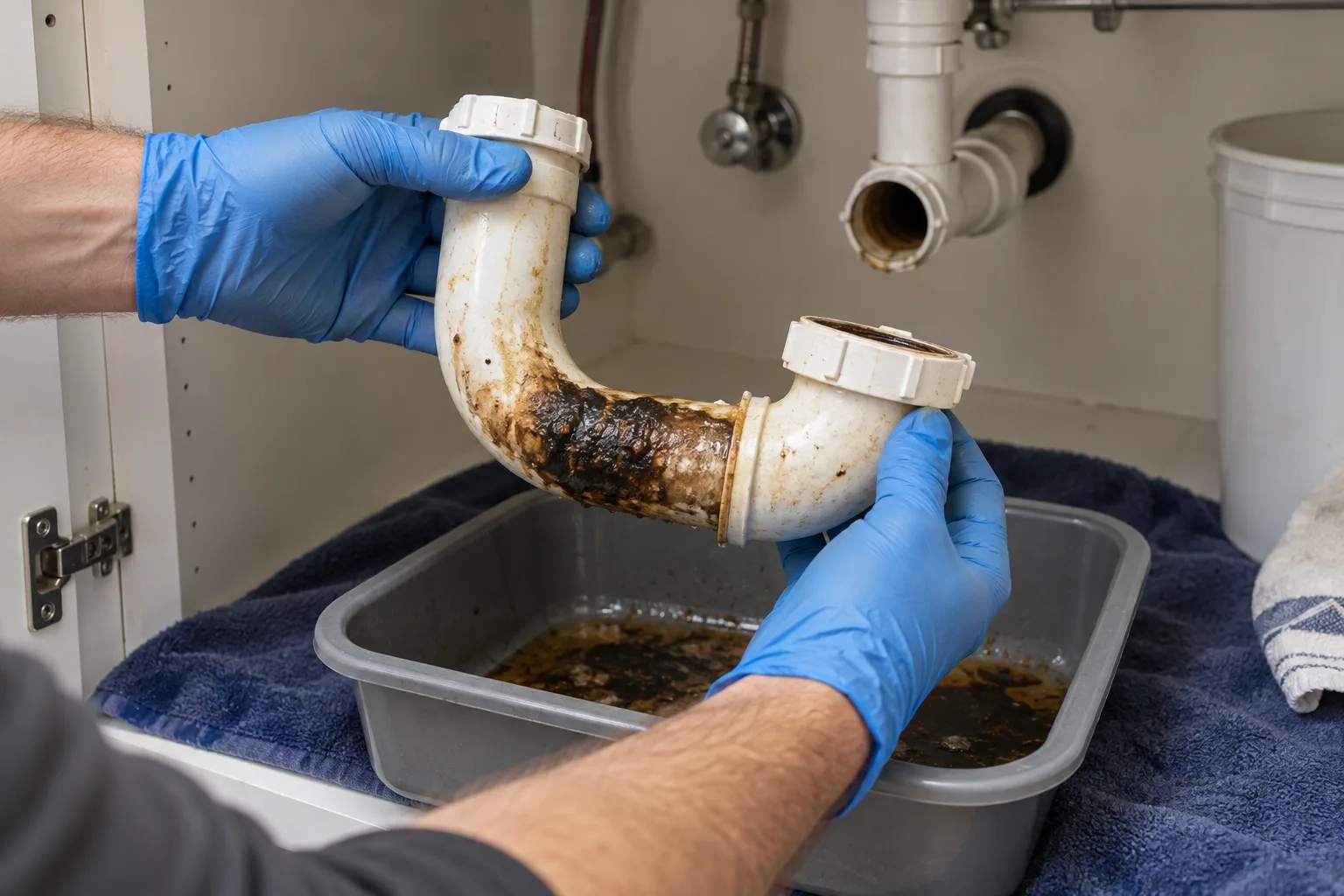 Toplama tepsisi üzerinde yağlı lavabo sifonunu inceleyen eldivenli eller