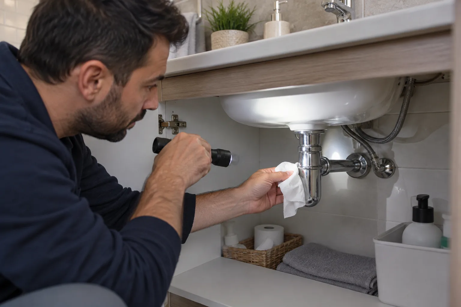 Lavabo altı birleşimlerin kuru kâğıt ve ışıkla kontrol edilmesi