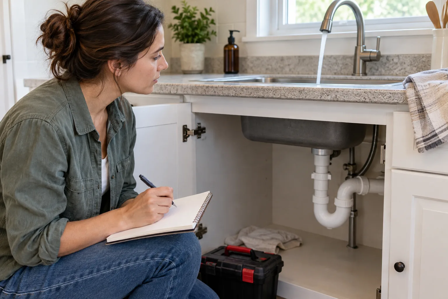 Lavabo altındaki görünür hattı gözleyerek not alan kullanıcı
