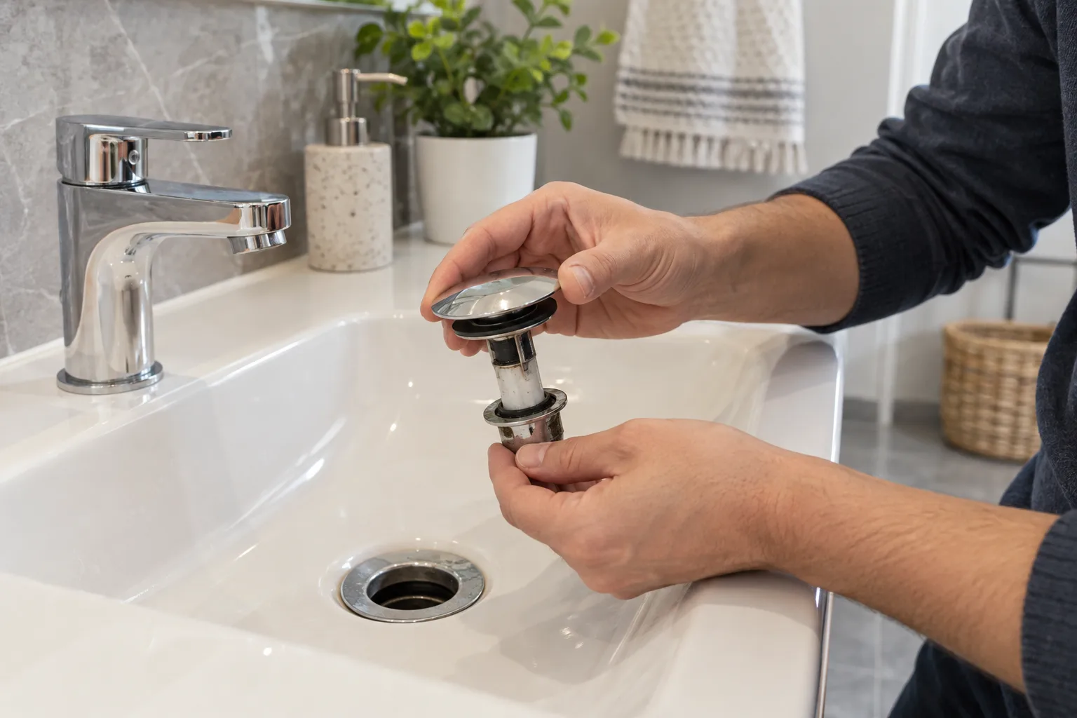 Lavabo tıpasının açıklığını ve görünür kalıntıyı inceleyen uzman