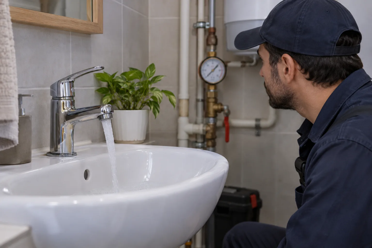 Lavabo yakınındaki su hattında manometreyi değerlendiren uzman
