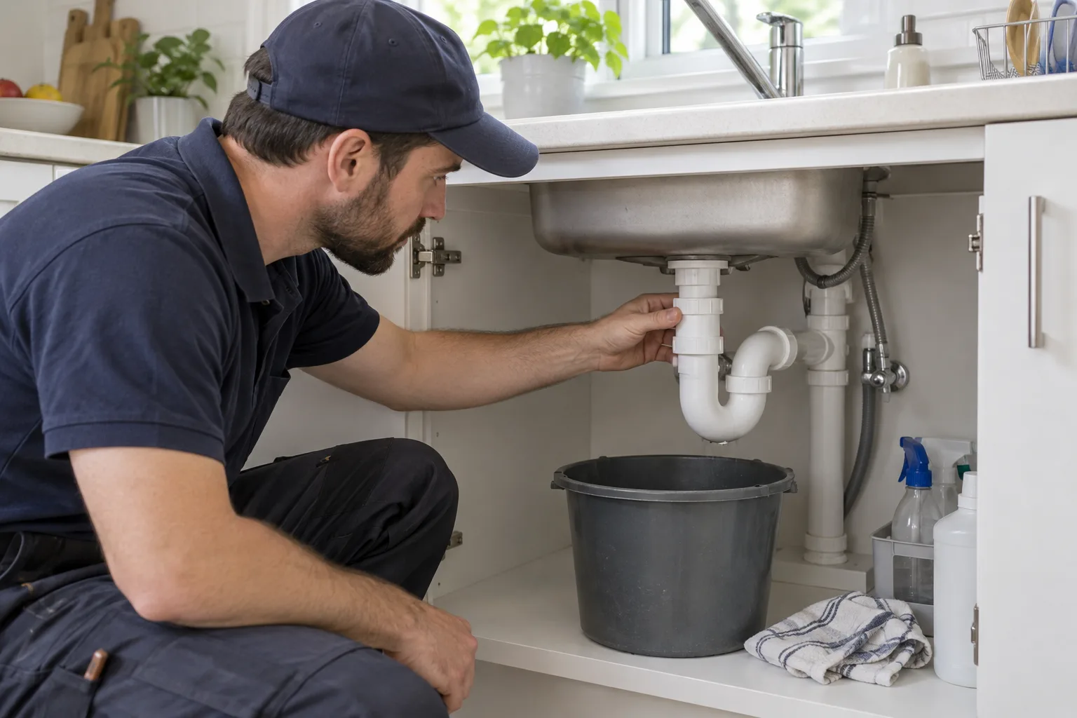 Altında su kabı bulunan lavabo sifonunu inceleyen tesisat uzmanı