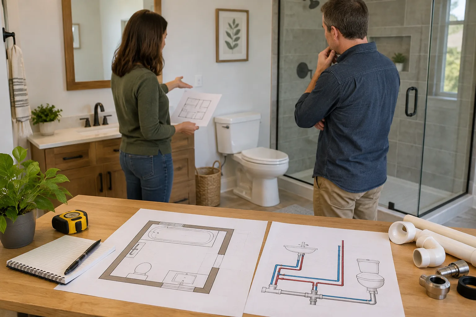 Banyo alanı ve bağlantı planını görüşen iki kişi