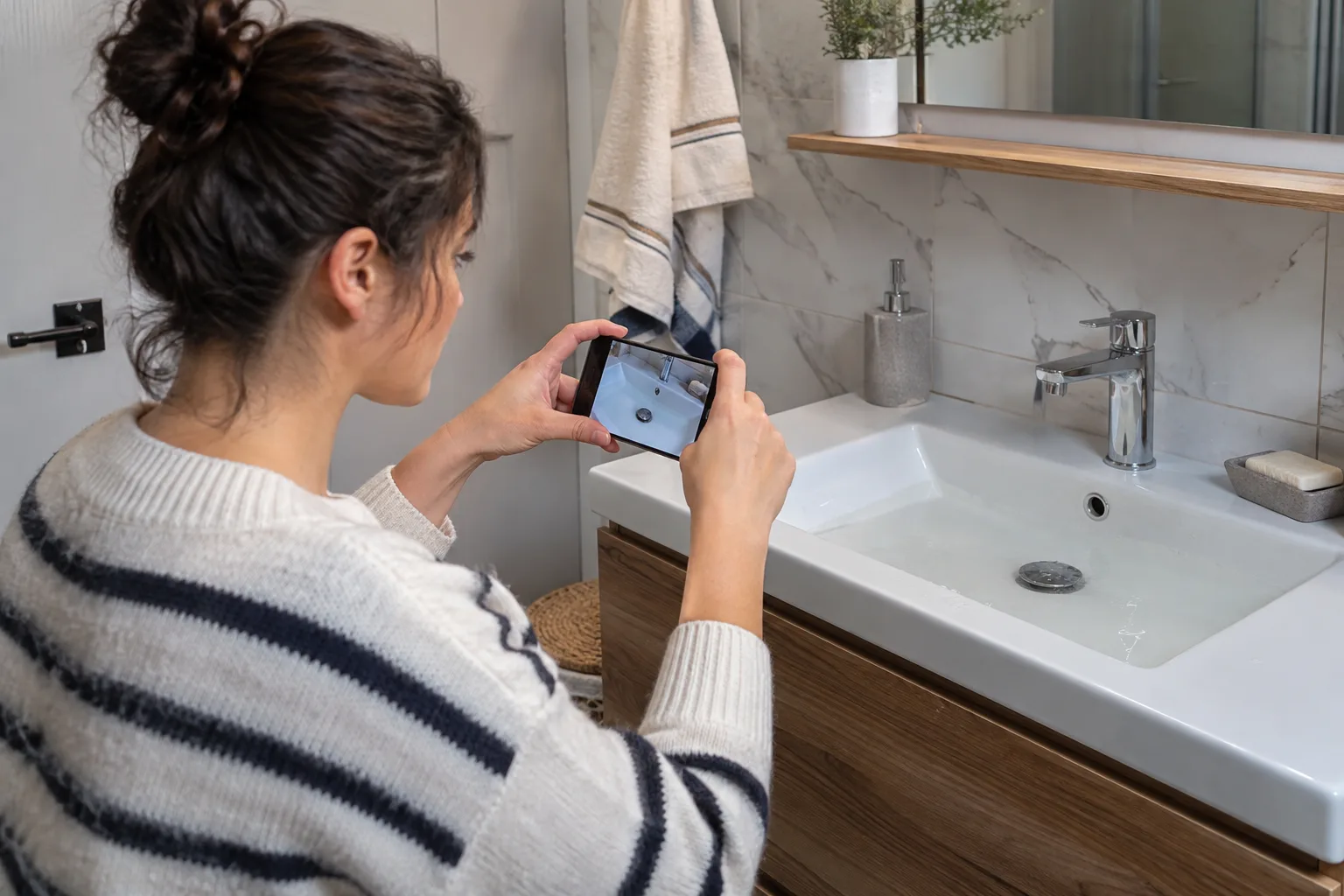 Lavabodaki su hareketini telefonla kaydeden kullanıcı