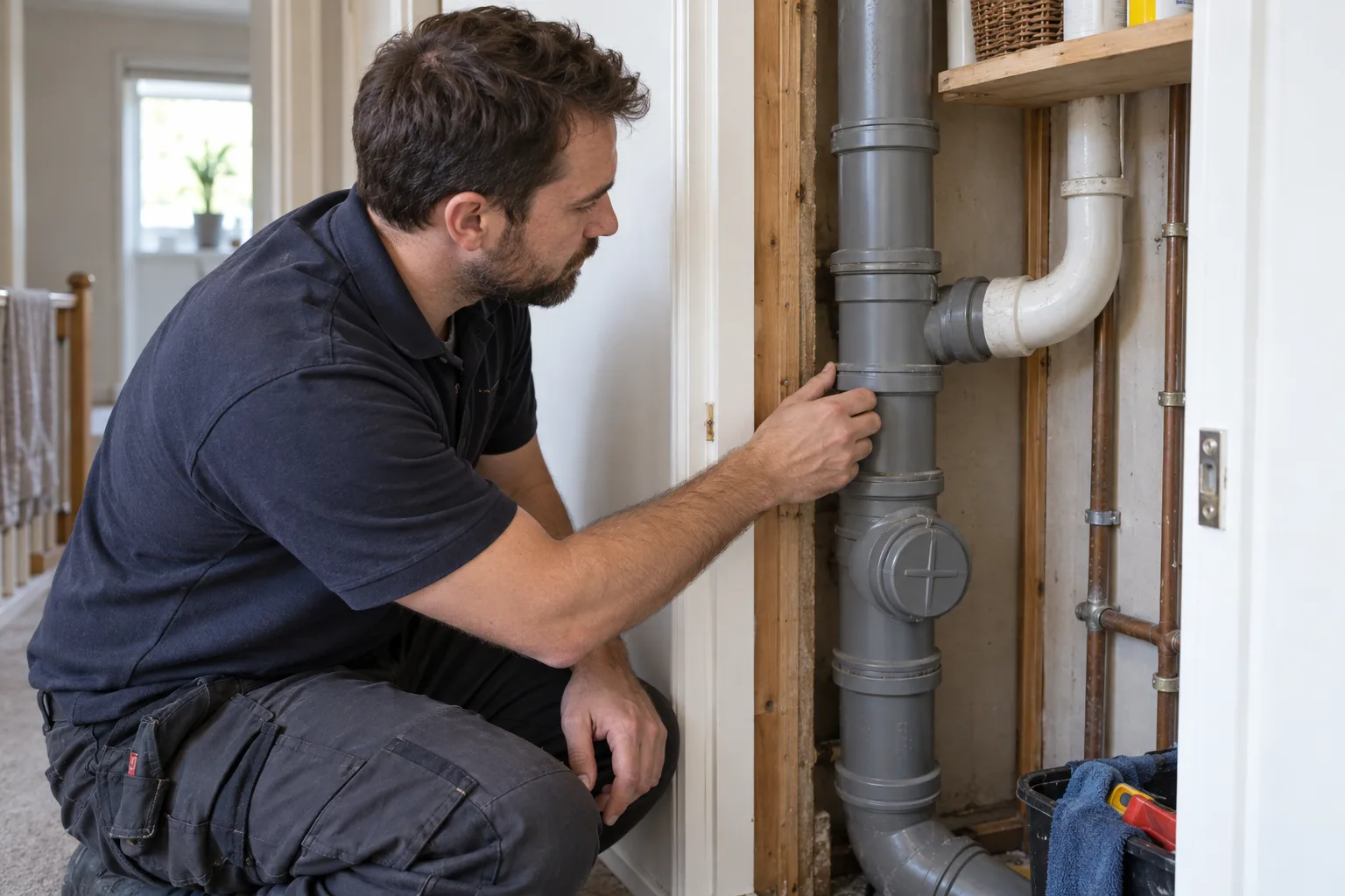 Servis dolabındaki dikey atık su bağlantılarını inceleyen uzman