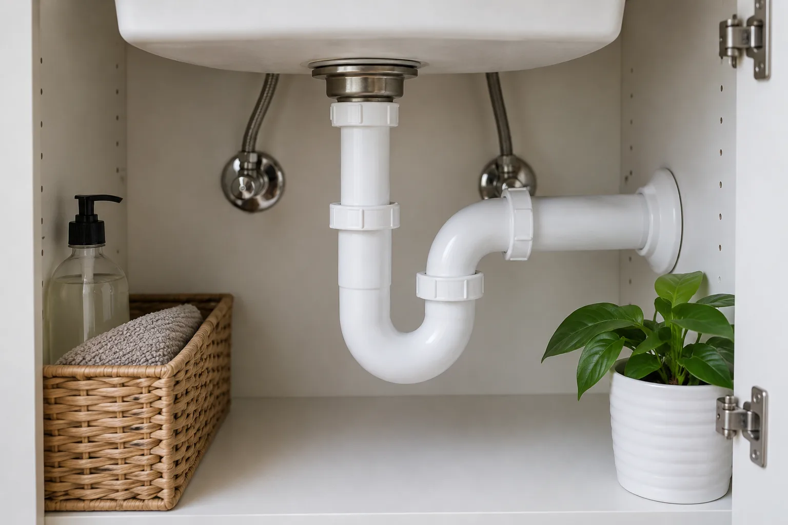 Lavabo dolabında beyaz kıvrımlı sifon