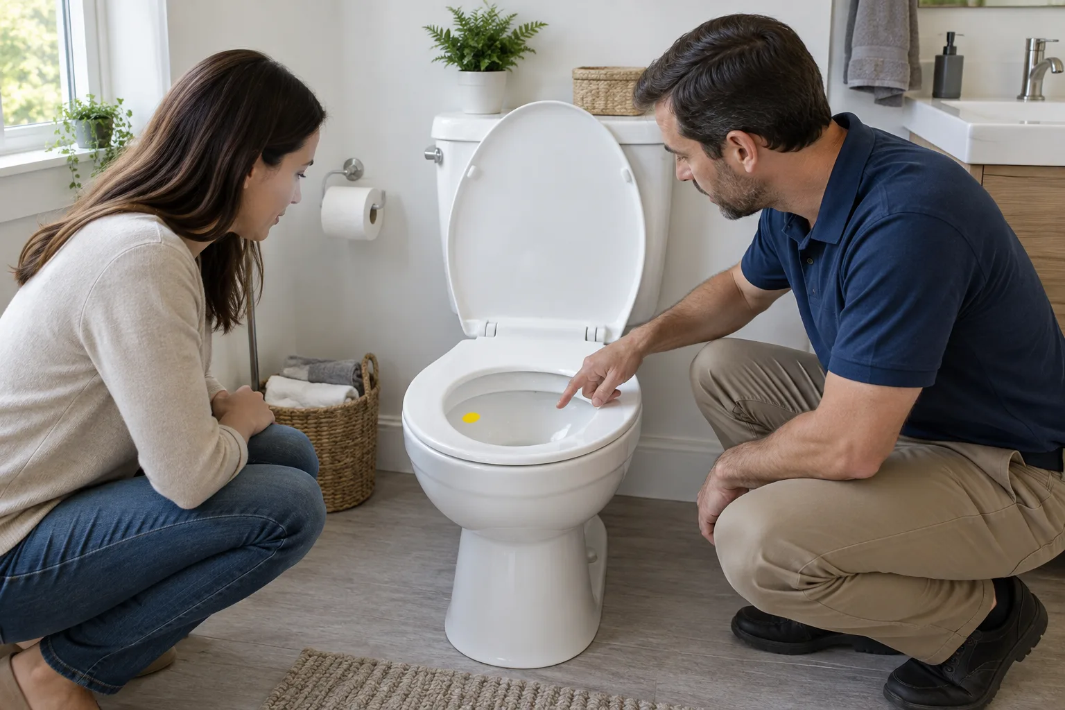 Çanak yüzeyindeki örnek sarı izi inceleyen iki kişi