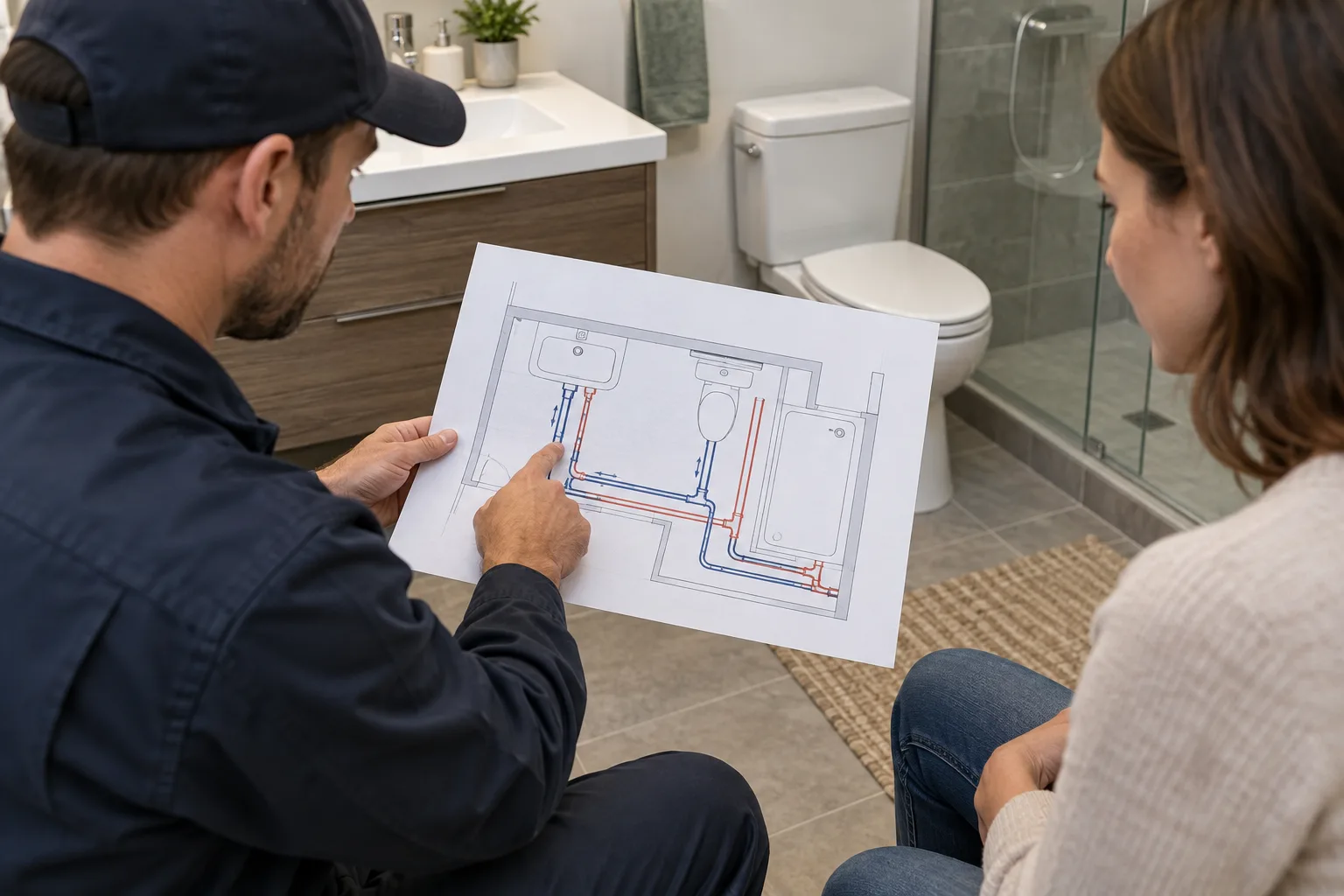 Banyo bağlantı çizimi üzerinde gider ve besleme ayrımı
