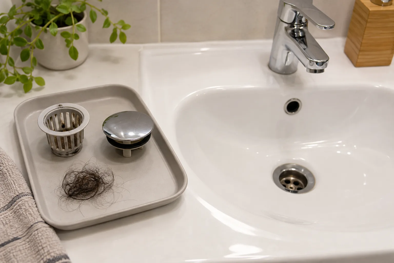 Lavabo tıpası ve çıkarılabilir saç tutucunun incelenmesi