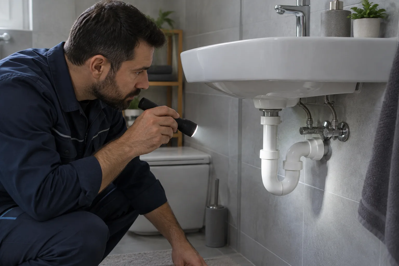 Lavabo altındaki sifon düzeninin ışıkla kontrol edilmesi
