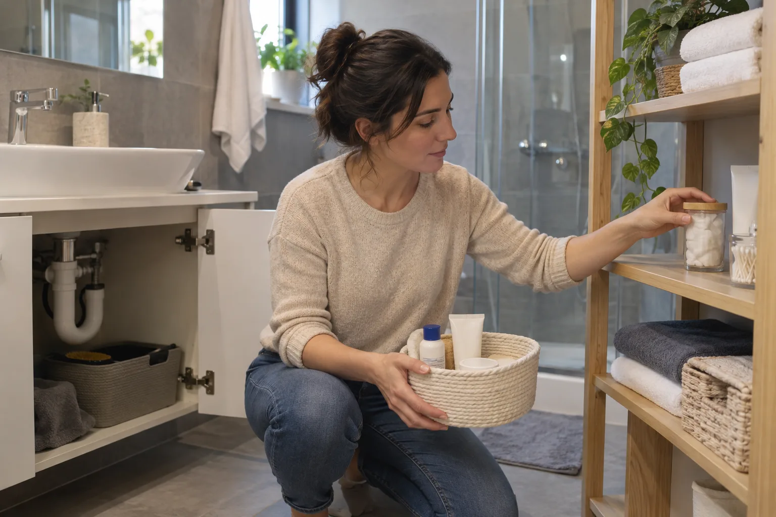 Lavabo dolabındaki eşyaların kuru alana taşınması