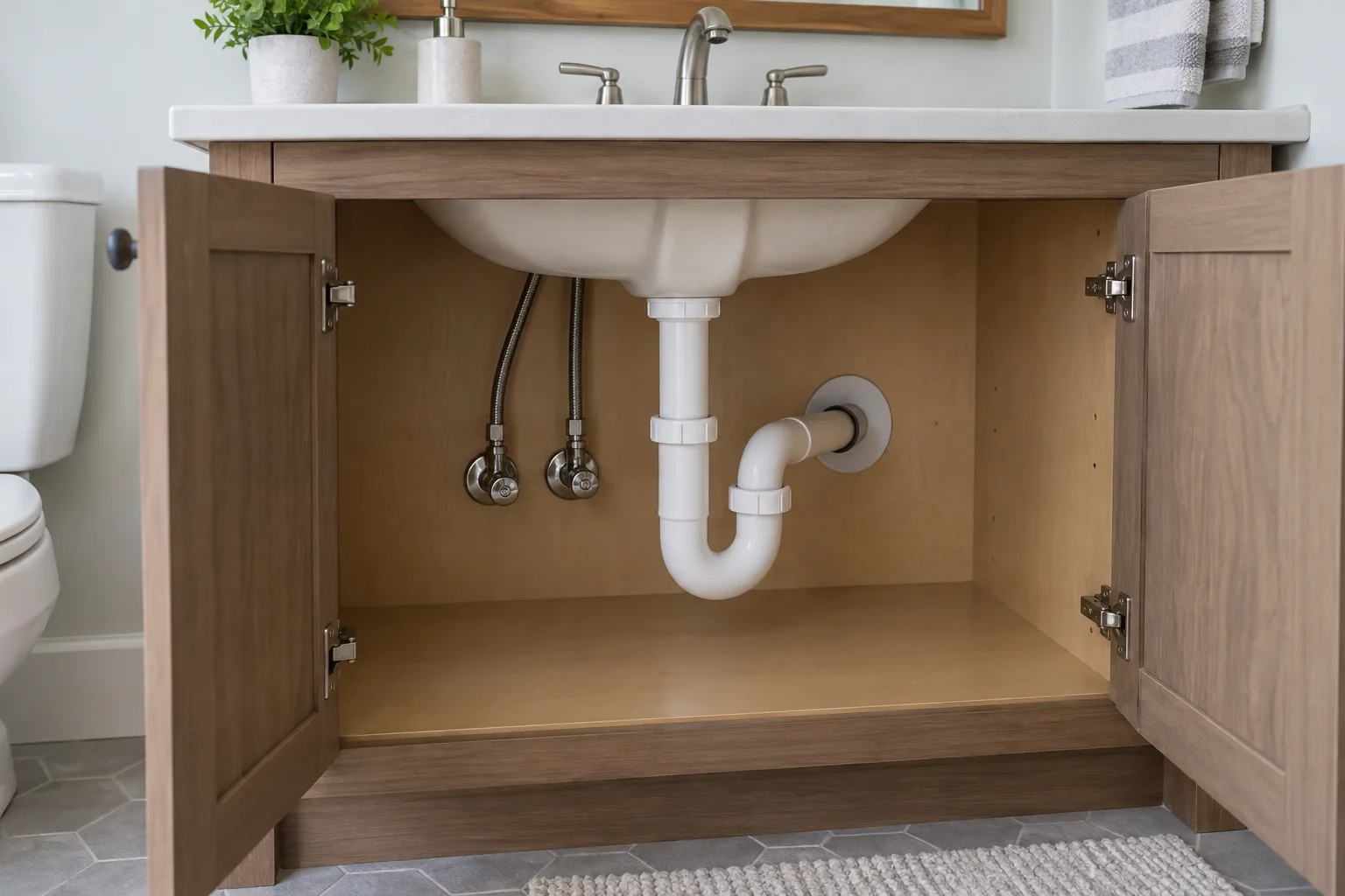 Kuru lavabo dolabında sifon ve duvar bağlantısı
