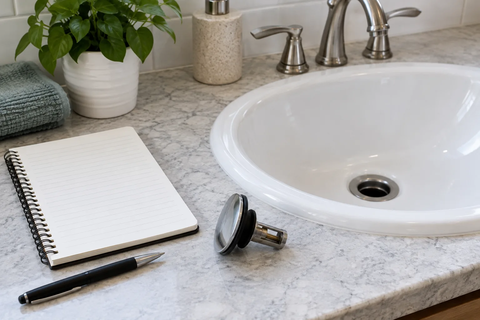 Lavabo yanında boş not defteri ve kapak