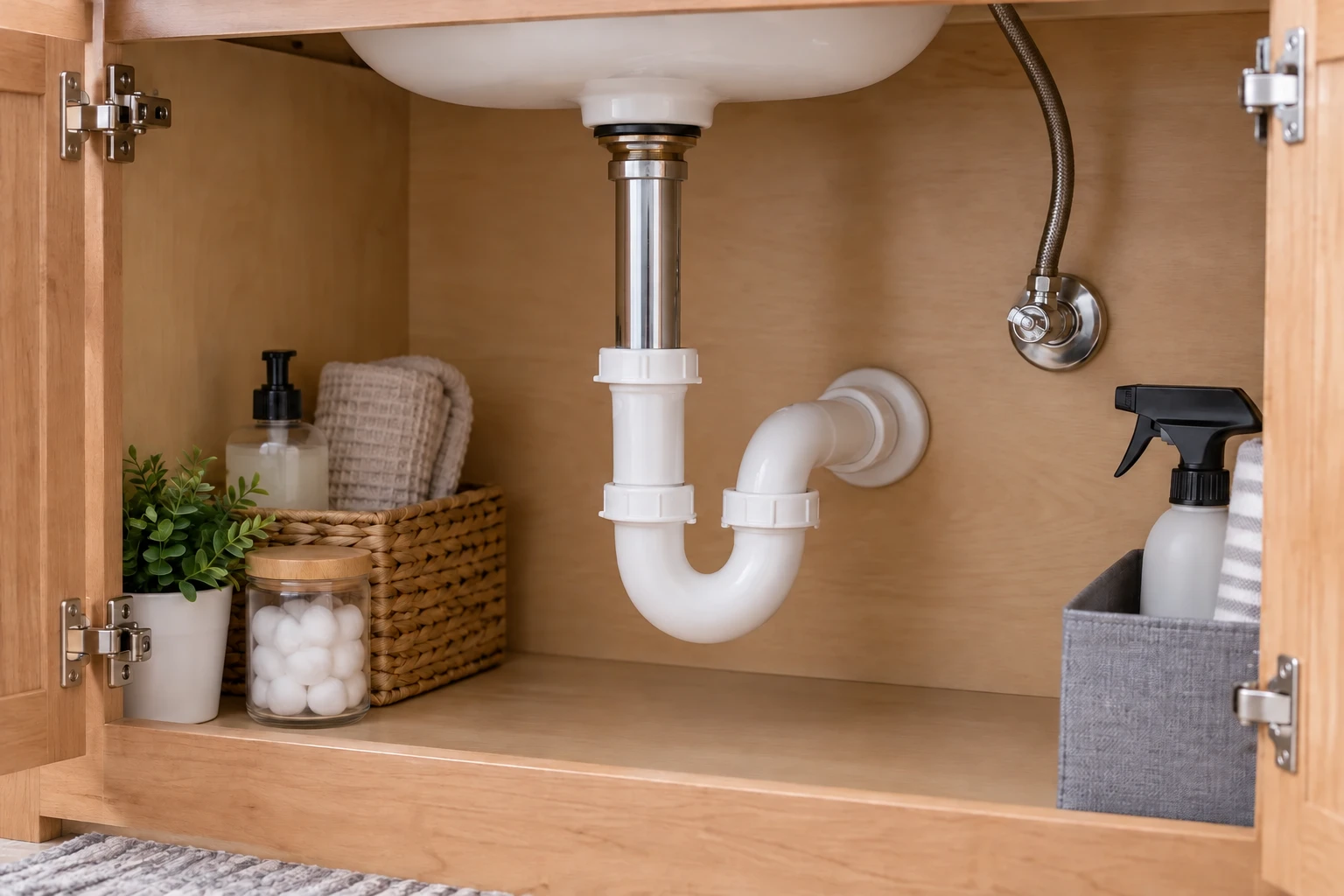 Açık lavabo dolabında sifon ve ayrı su besleme vanası