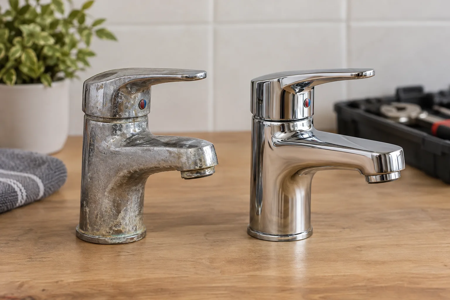 Tezgâhta farklı yüzey aşınmaları görülen iki lavabo bataryası