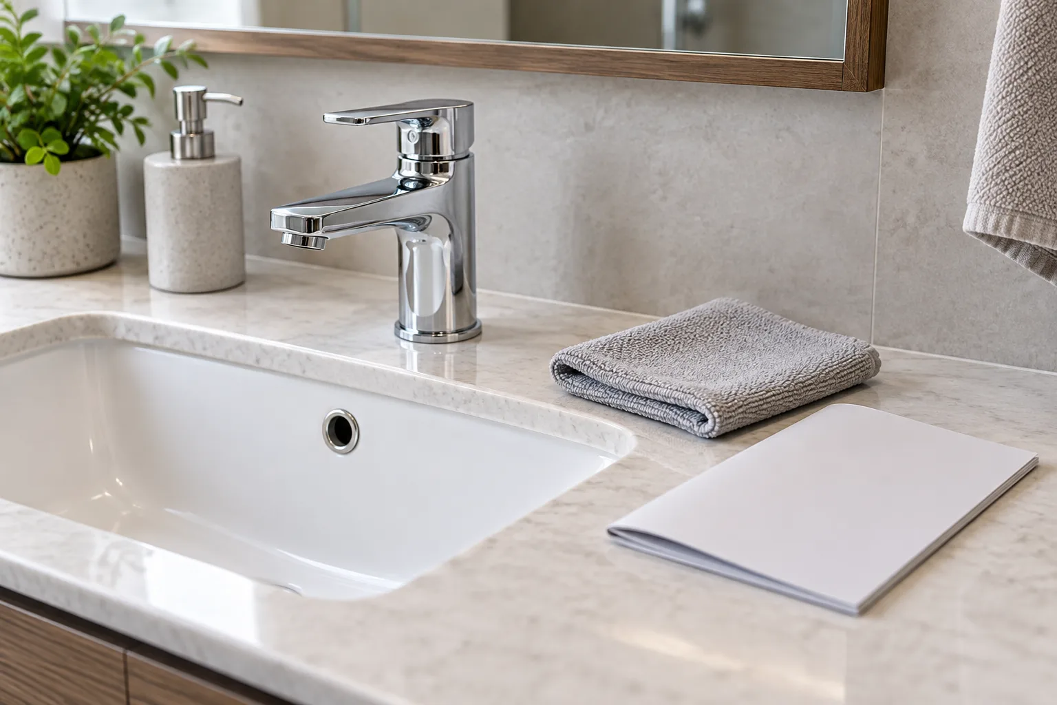 Lavabo yanında kapalı kitapçık ve katlanmış bakım bezi