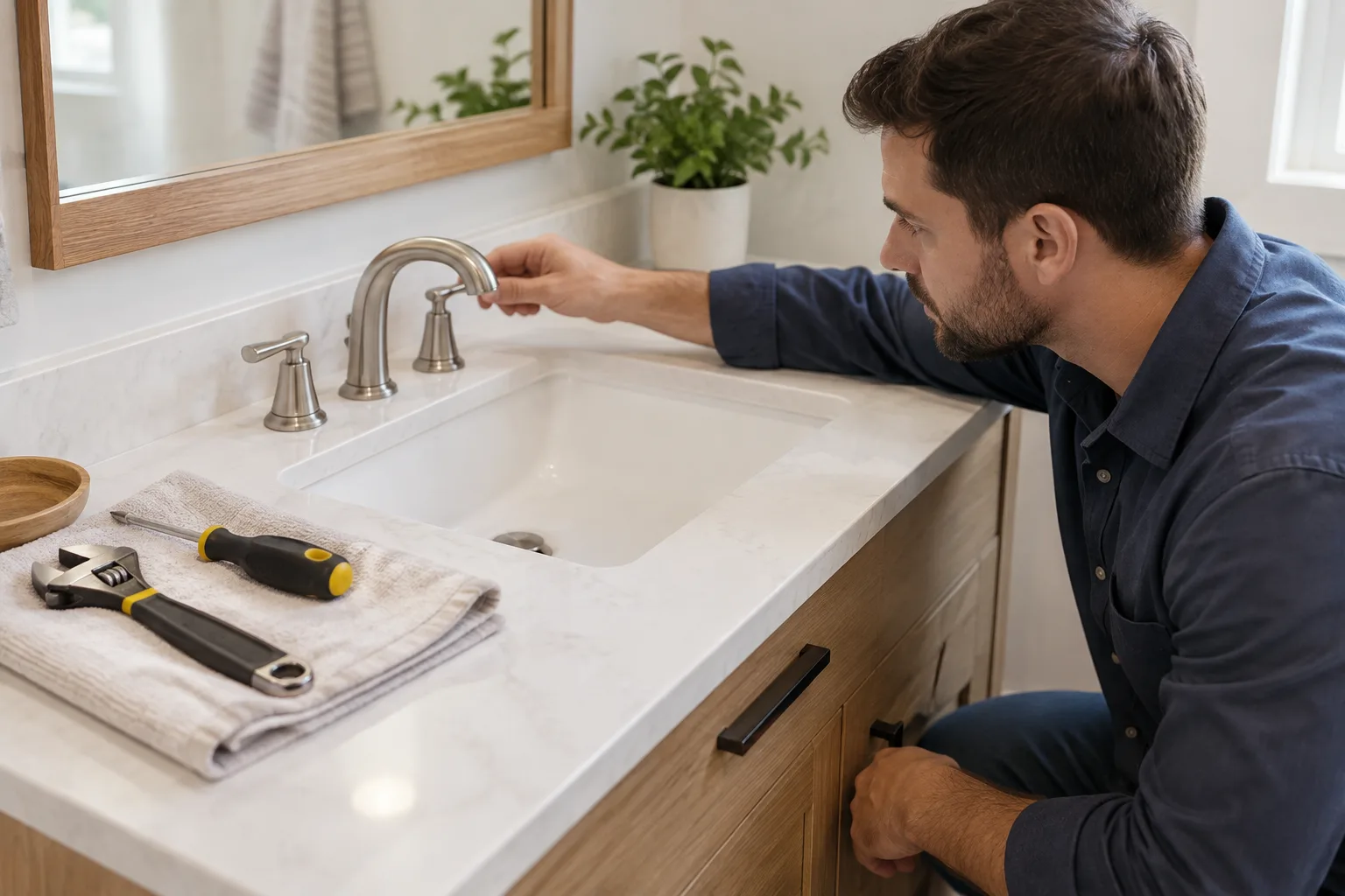 Korunan lavabo yüzeyi yanında montaj aletlerinin hazırlanması