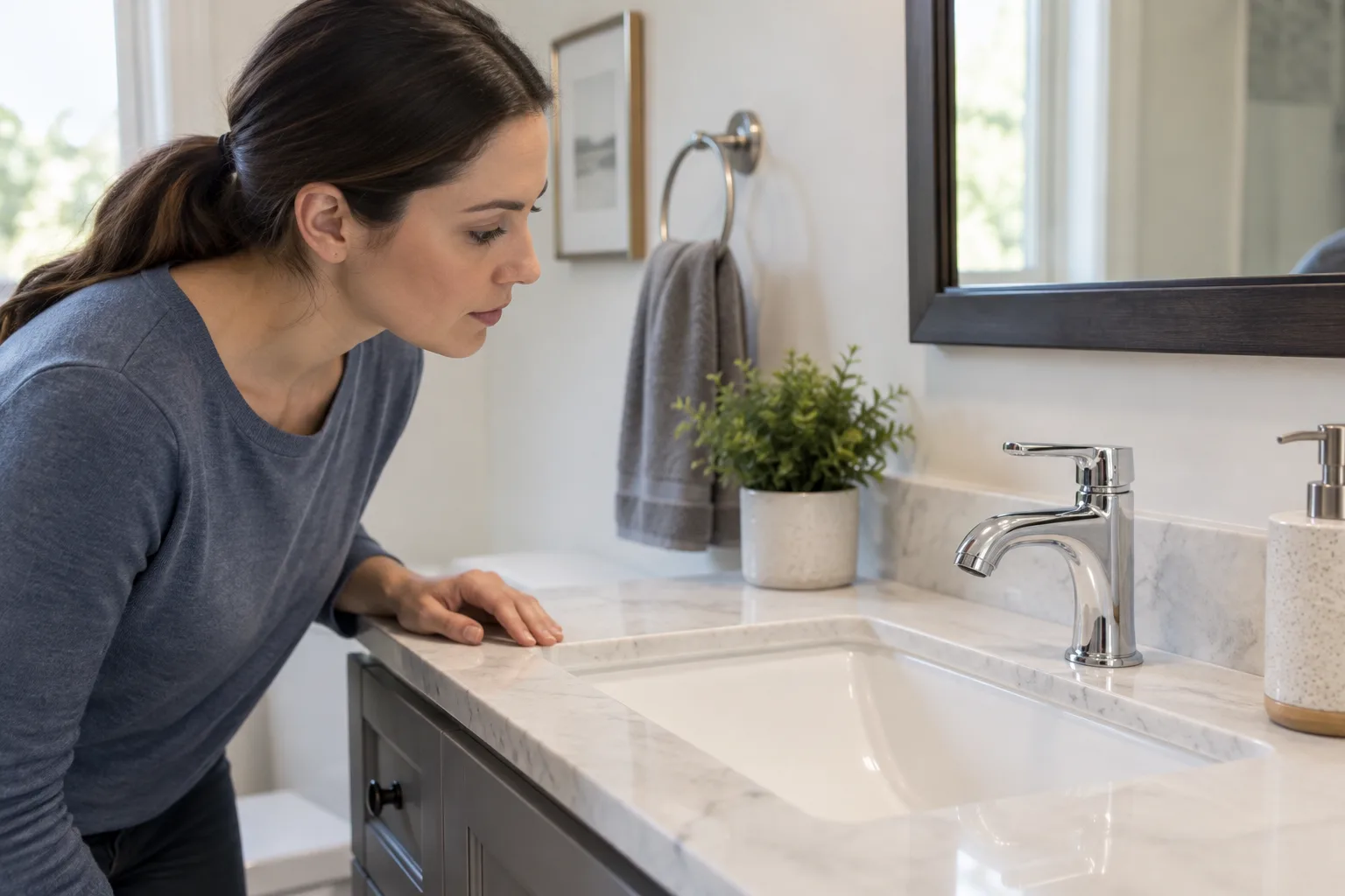 Kapalı lavabo musluğunu gözlemleyen kişi
