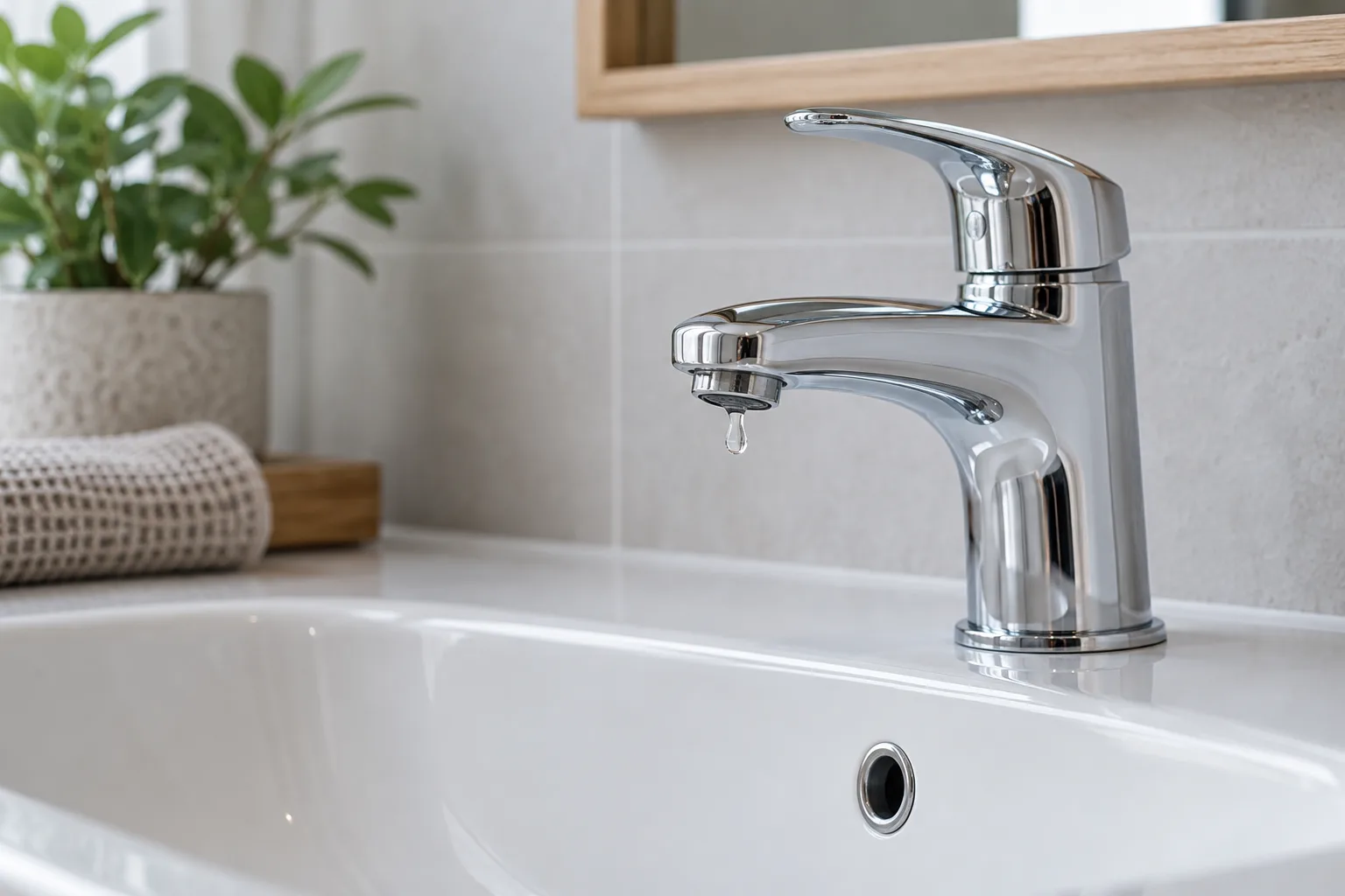 Lavabo musluğu ucunda görülen küçük su damlası