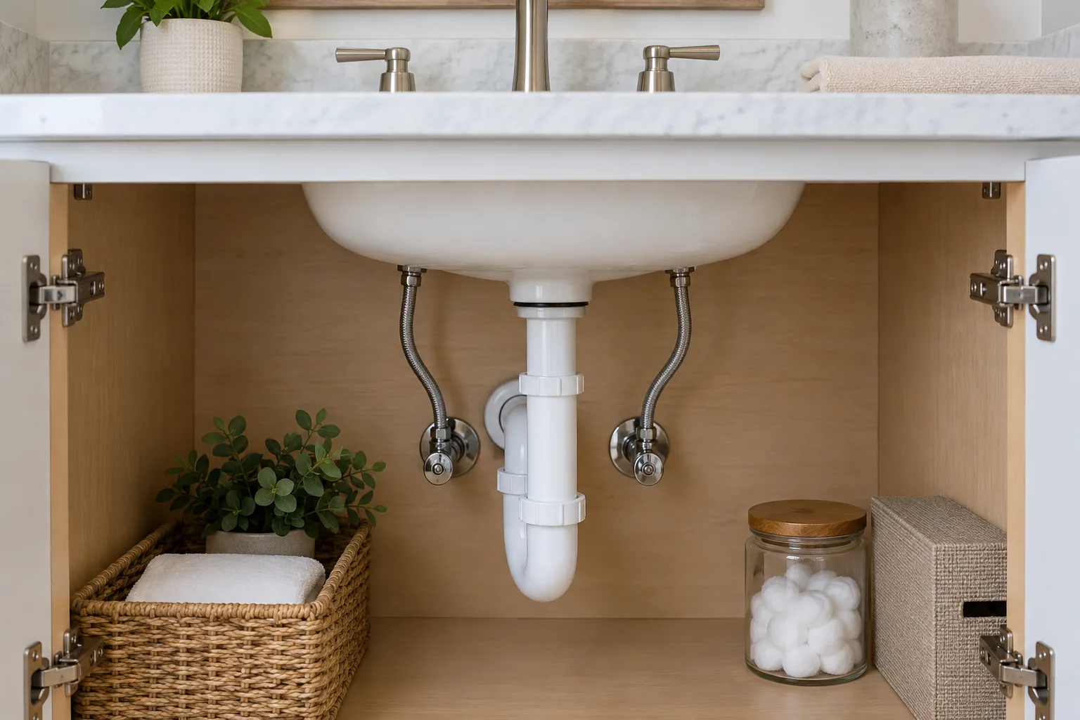 Banyo dolabında sağlam besleme vanaları ve hortumlar