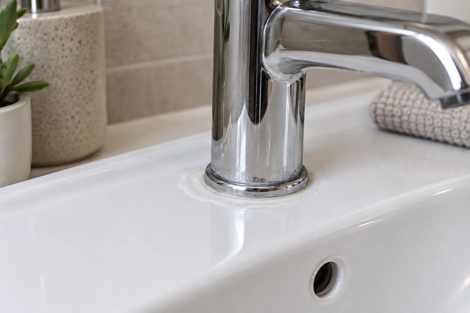 Lavabo bataryasının tabanı çevresinde görülen beyaz kurumuş su halkası