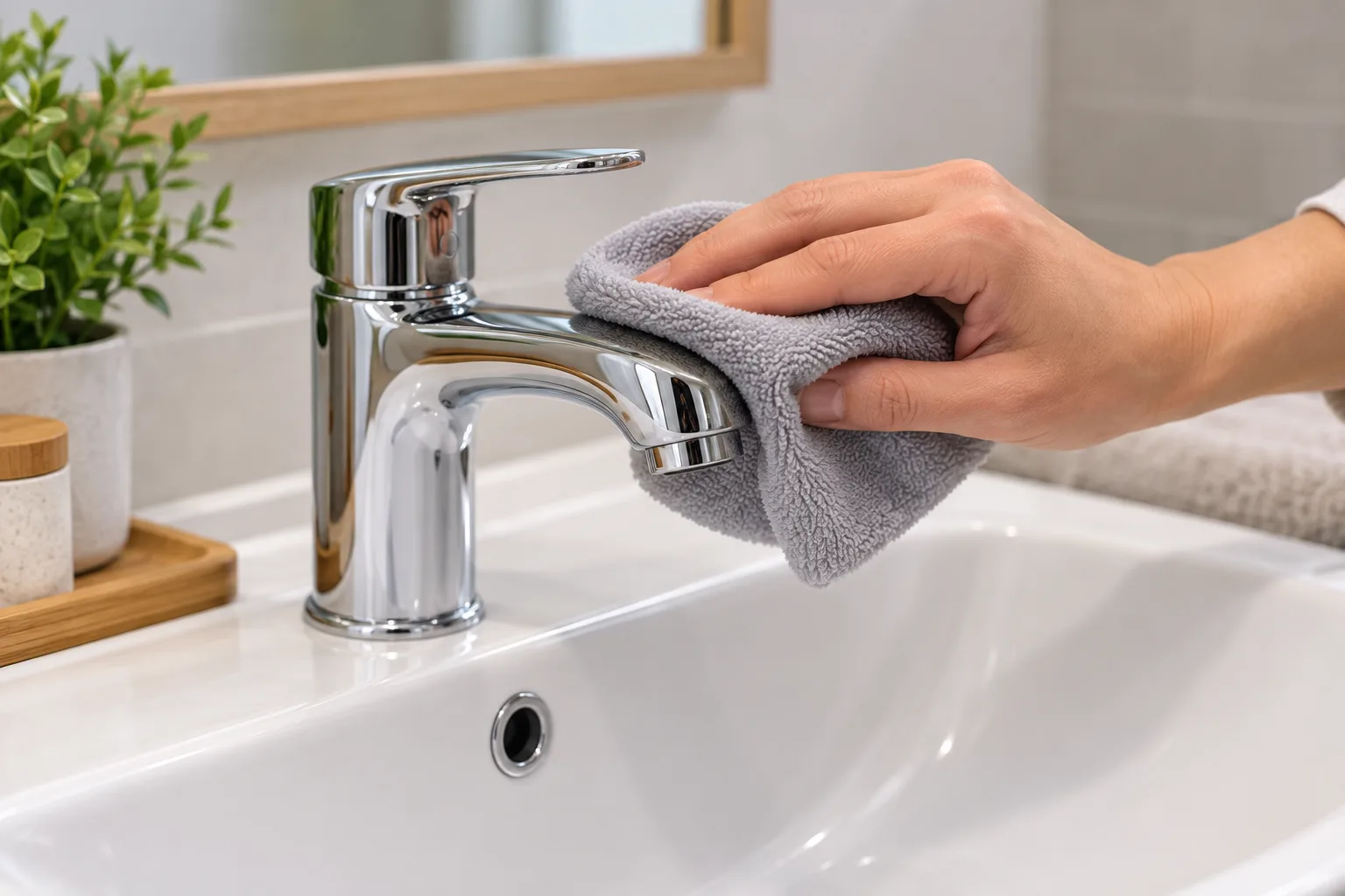 Krom lavabo bataryasının çıkışını yumuşak bezle kurulayan el