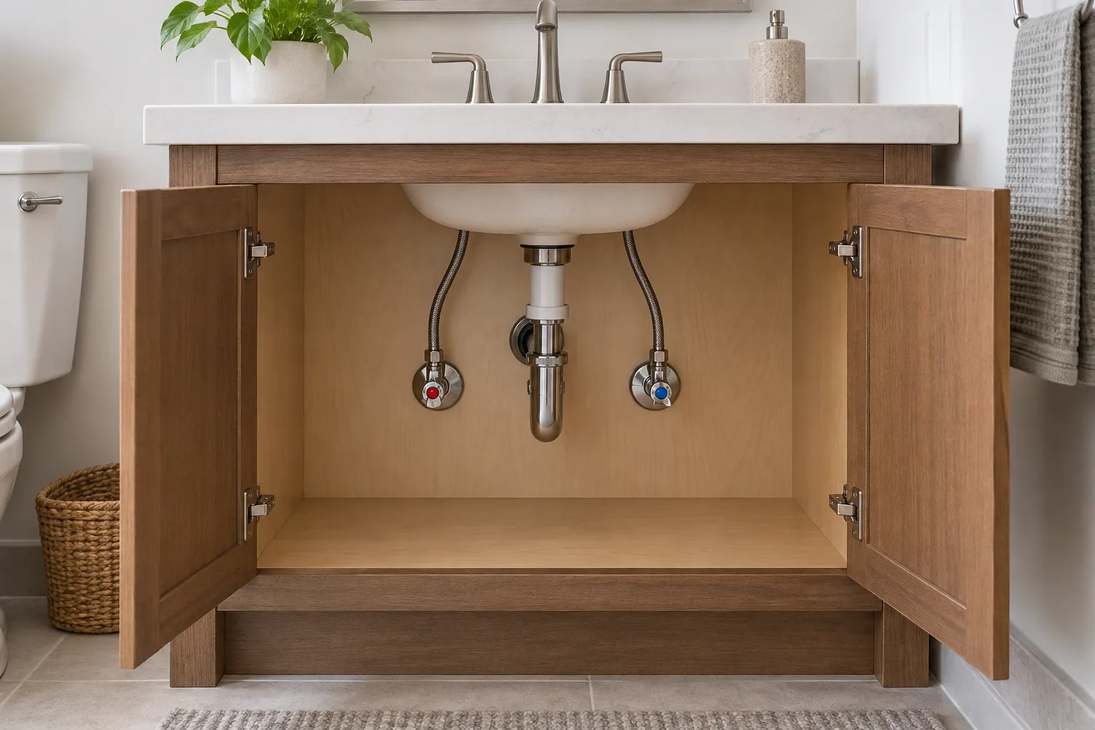 Açık lavabo dolabında besleme vanaları ve sağlam hortumlar