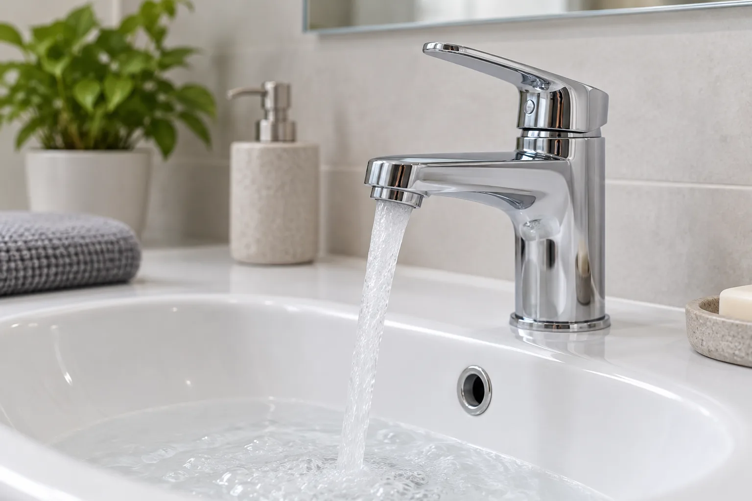Beyaz lavabo üzerinde normal akıştaki krom musluk
