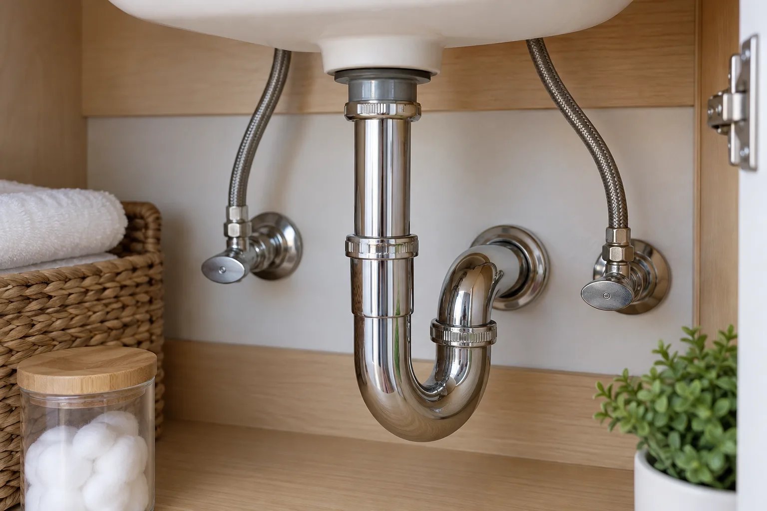 Lavabo altındaki sağlam hortumlar ve metal gider bağlantısı