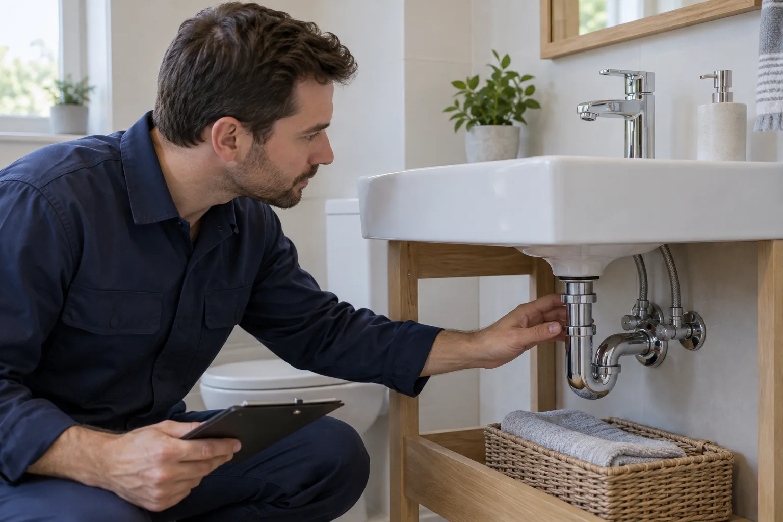 Lavabo altındaki erişilebilir bağlantıyı inceleyen kişi