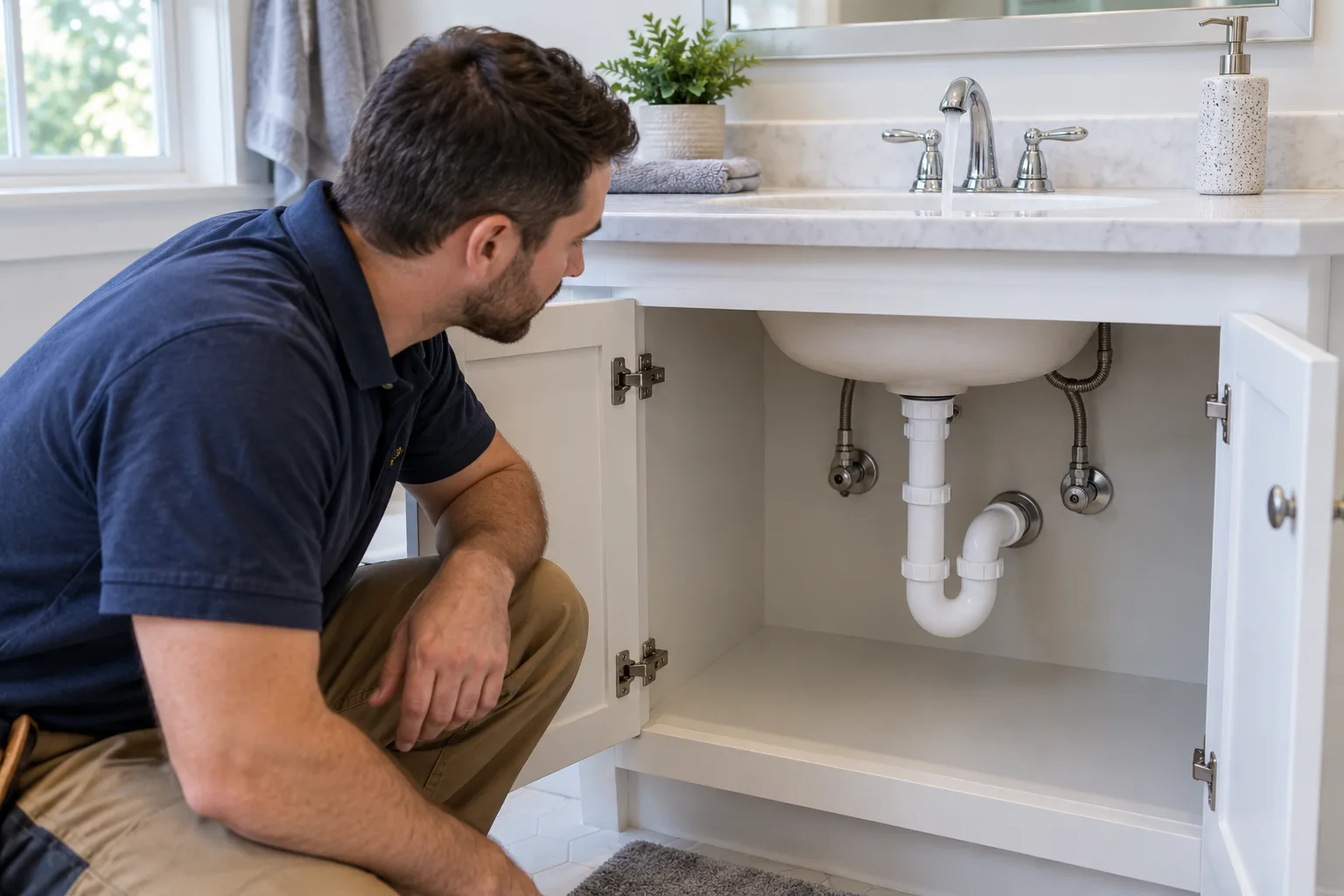 Açık lavabo dolabındaki sifonu inceleyen kişi