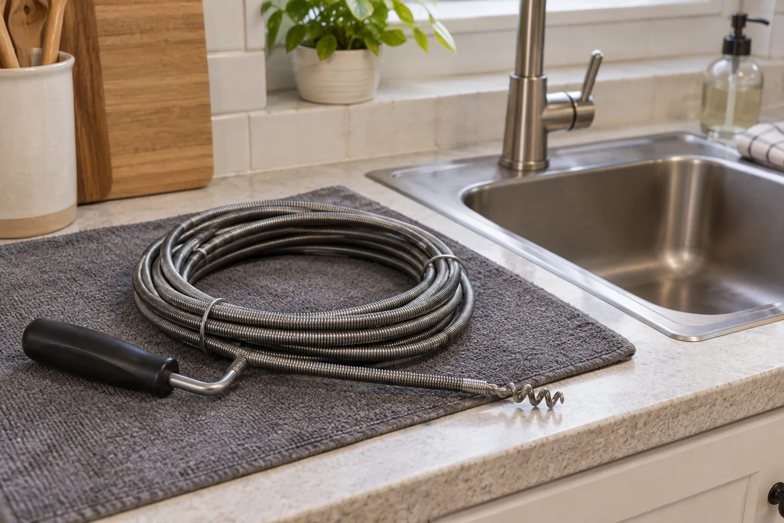 Lavabo yanında kuru örtü üzerinde sarılı mekanik temizleme kablosu