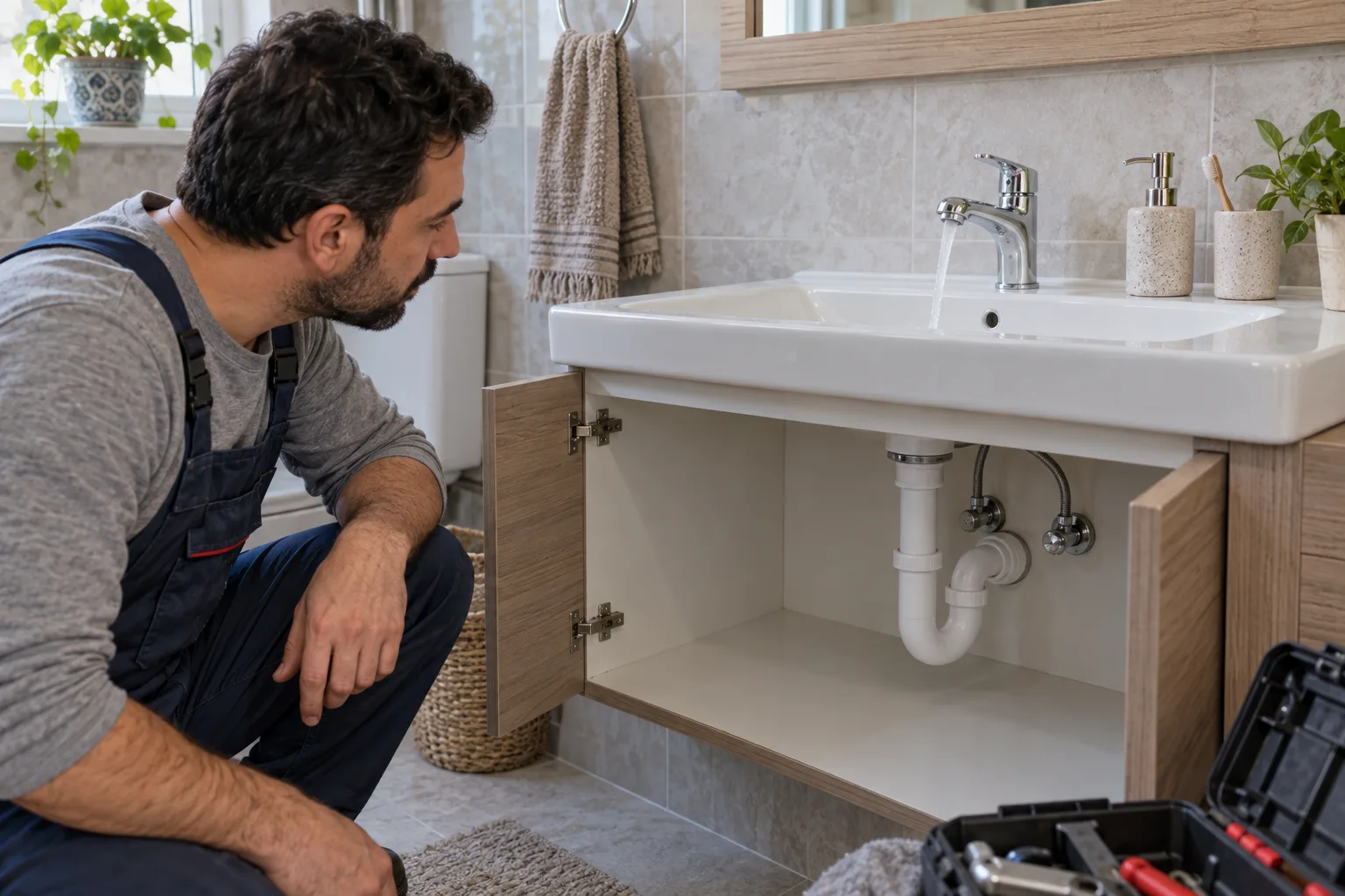 Lavabo akışını işlem sonrasında gözleyen tesisat uzmanı