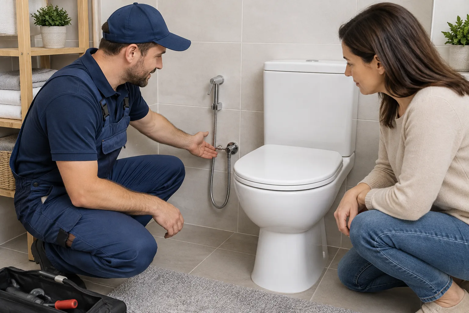 Banyo musluğu erişimini değerlendiren iki kişi