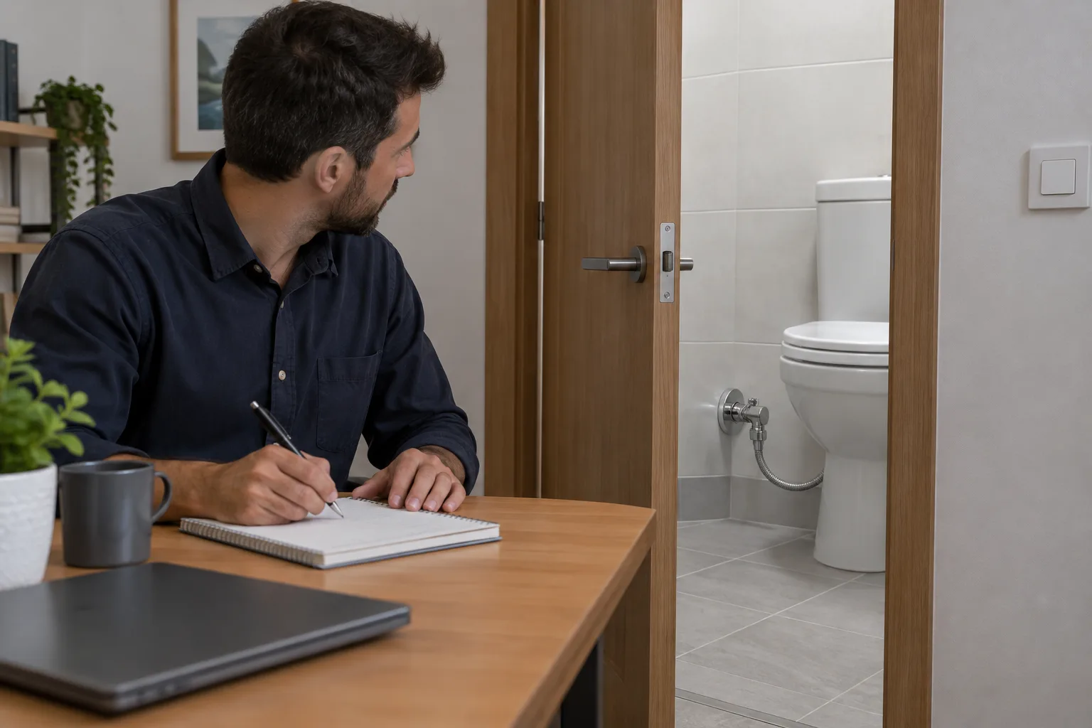 Banyo musluğu yanında gözlem notu hazırlayan uzman