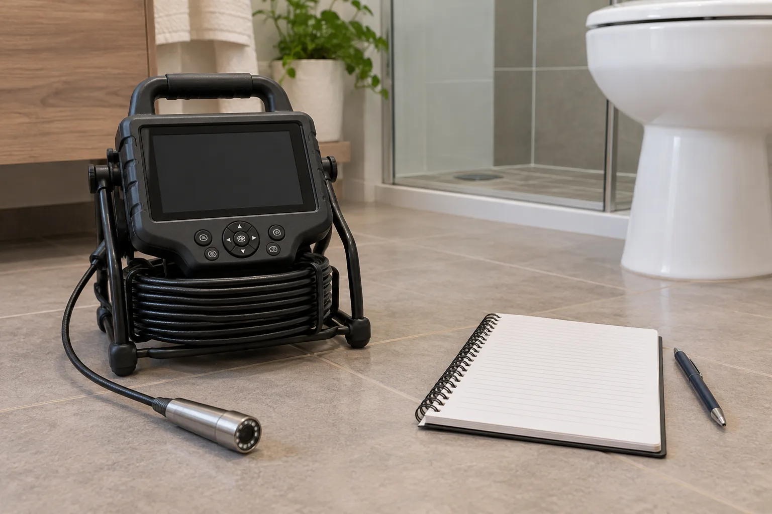 Kuru banyo zemininde kullanılmayan boru kamerası ve yazısız defter