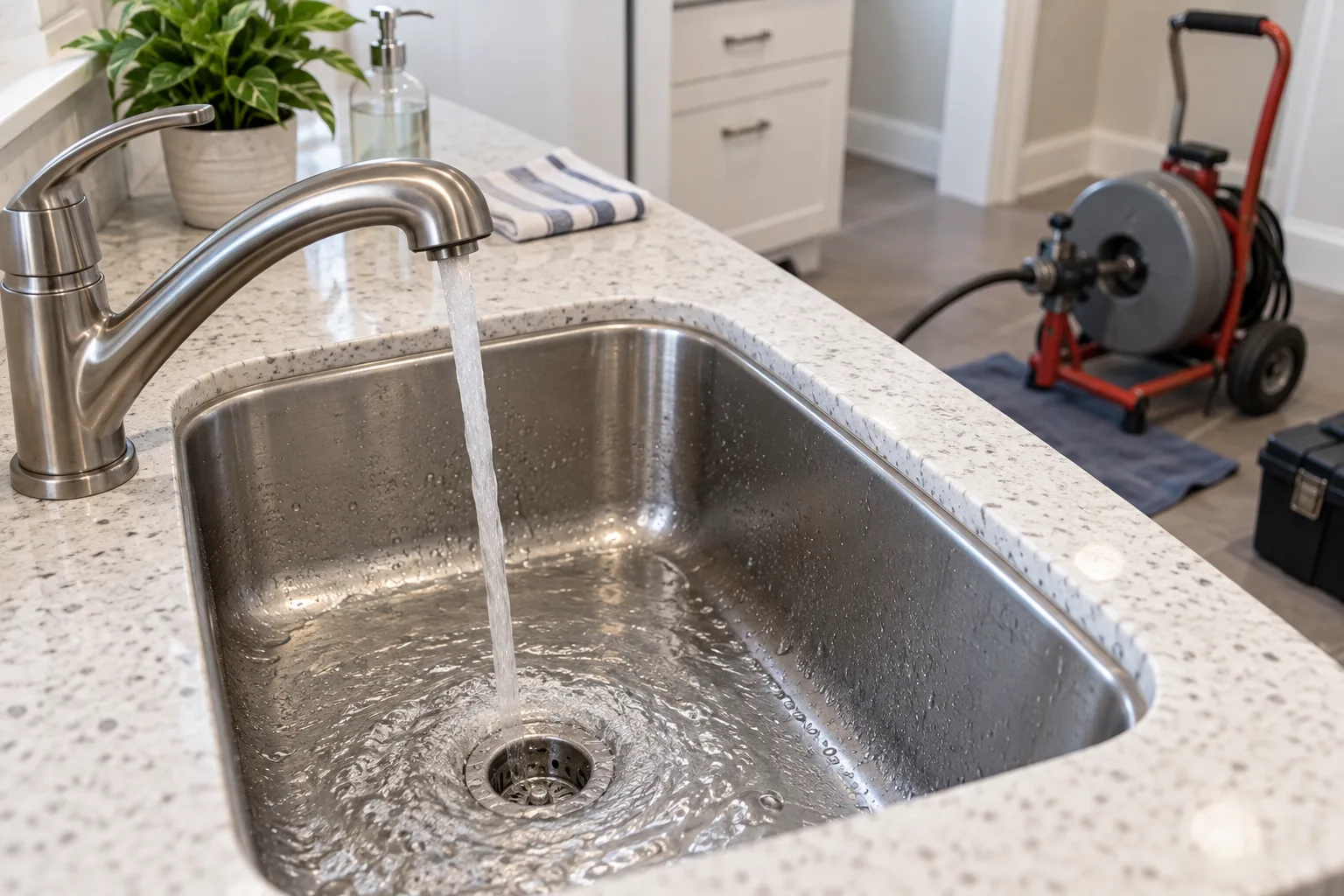 Suyu akan lavabo ve arka plandaki gider makinesi